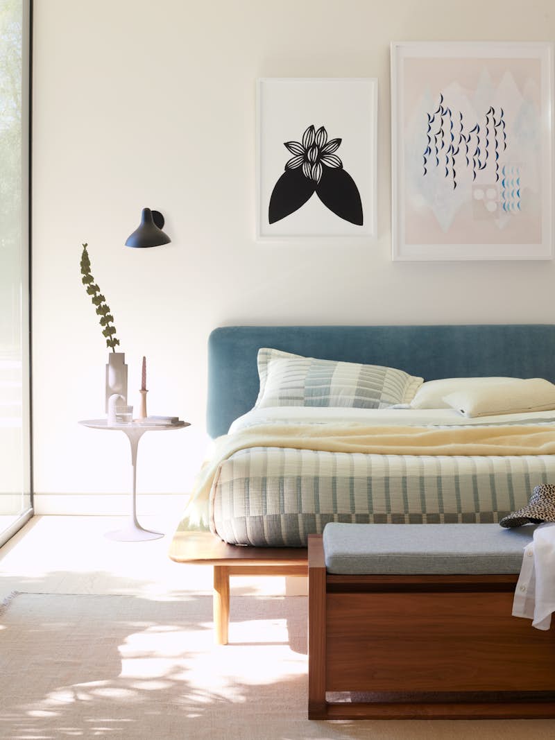 Matera Storage Bench,  Miro Bed,  Floralia by Stacey Beach,  Drift 3 by Lydia Bassis,  Saarinen Side Table,  Kala Vase,  Mantis BS5 SW Sconce,  Dusen Dusen Band Bedding,  Avoca Mohair Throw Blankets 