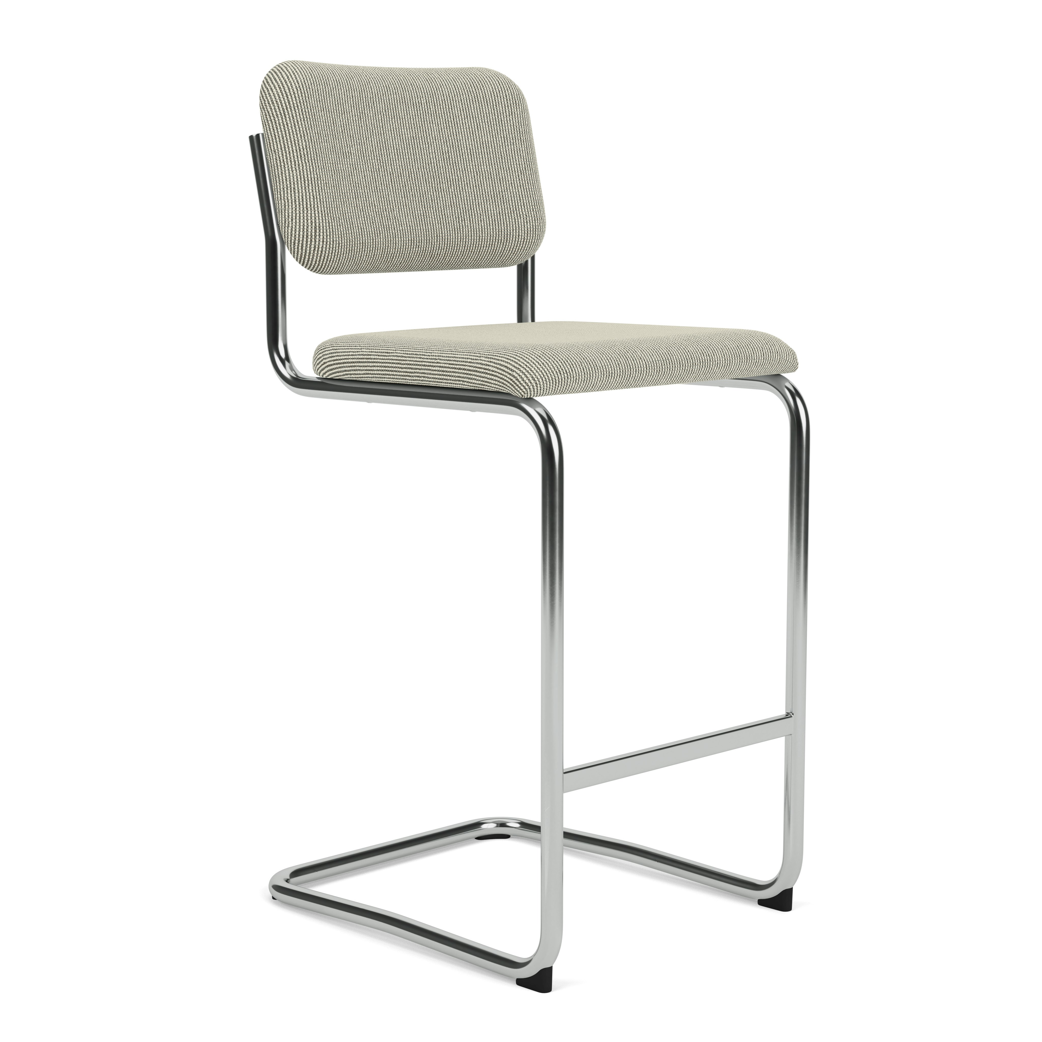 A Cesca Fully Upholstered Stool in Vanilla with Chrome viewed from an angle.