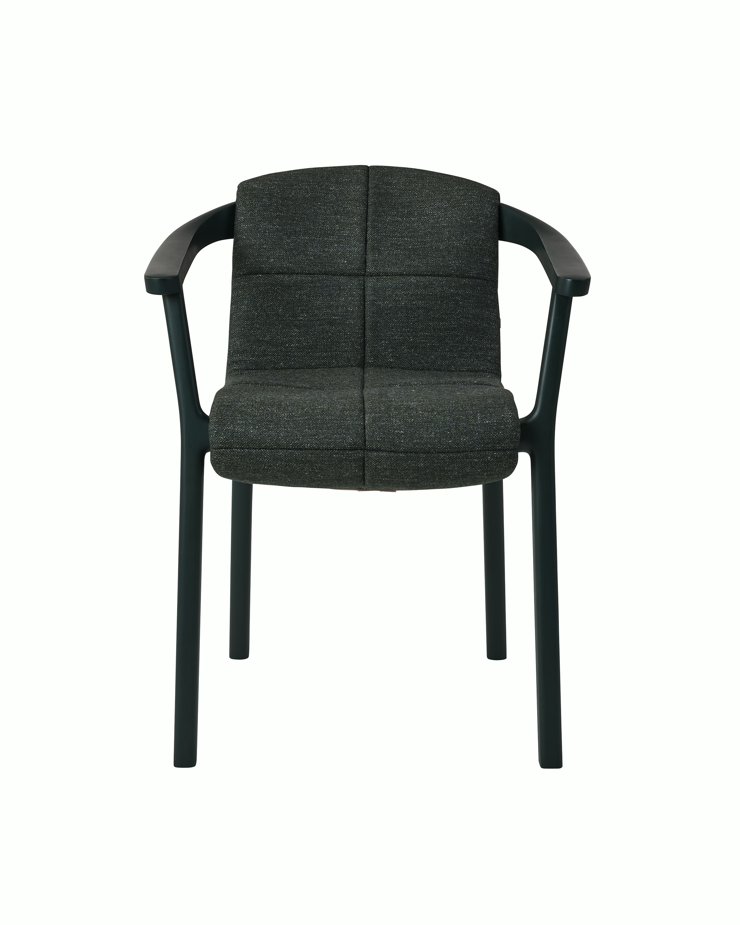 Lijn Armchair by Carole Baijings for Geiger in Ivy frame with quilted wrap in Bellano Black Green, front view on a white sweep.