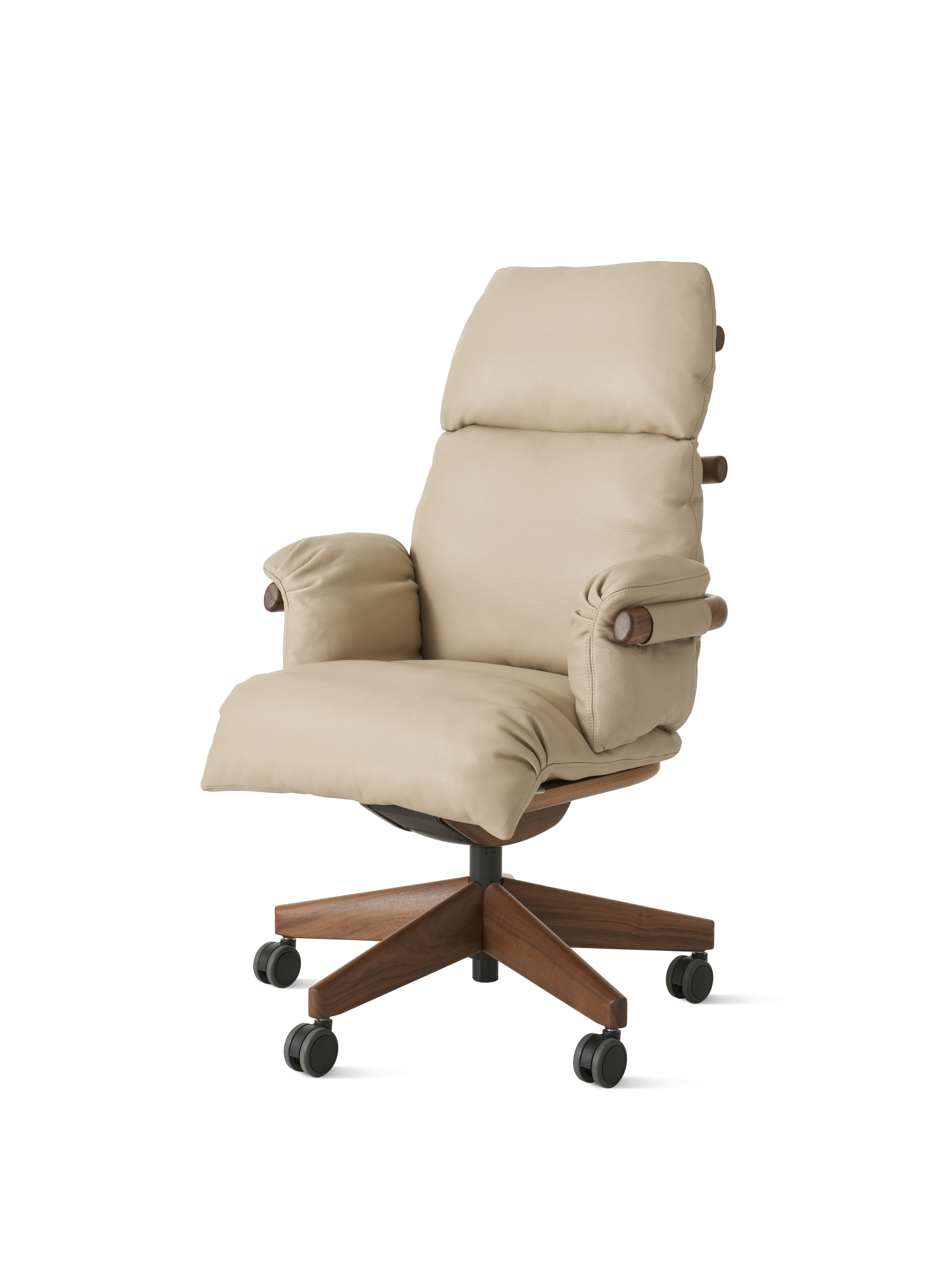 Ramus Chair - High Back,  Comfort Leather,  Grey Beige,  Walnut,  Satin Nickel,  Hard Floor Caster