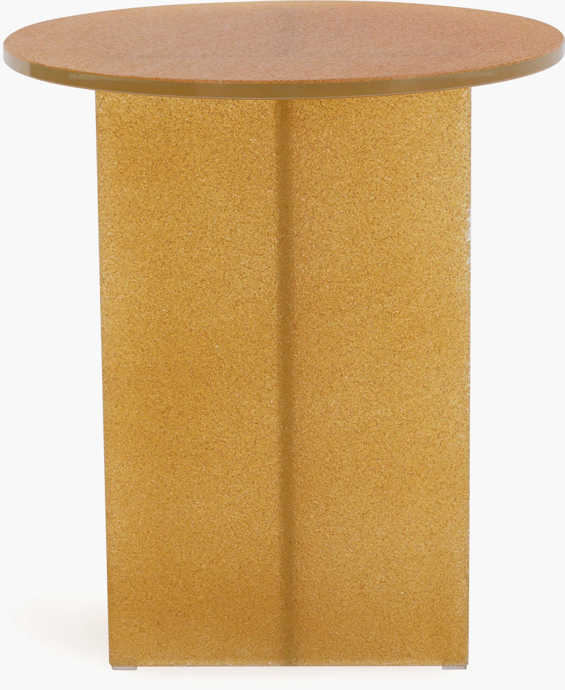 Top-down view of a gold/orange textured circular table with a triangular base seen from above.