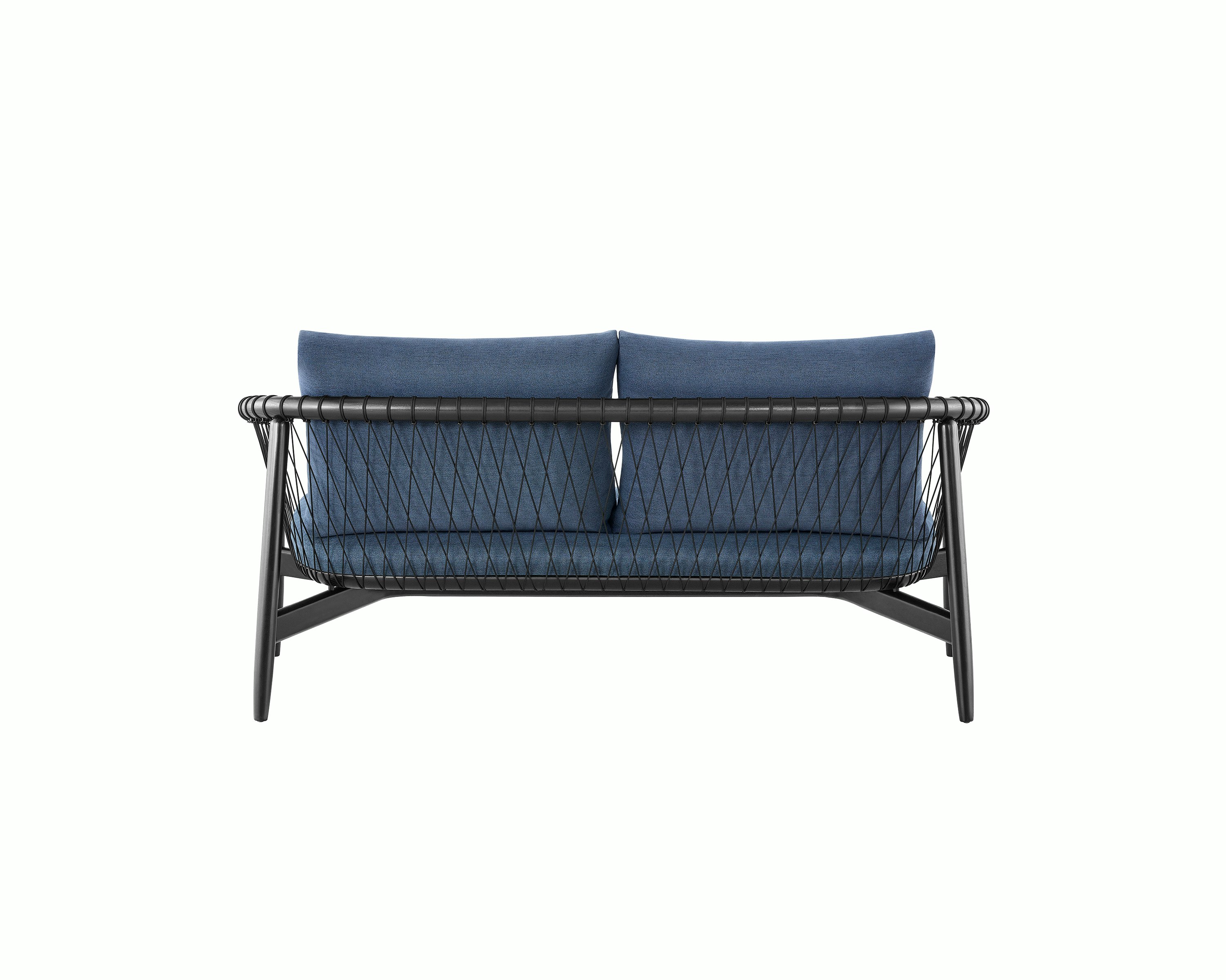 A dark colored Crosshatch Settee featuring navy upholstery and an ebony on ash frame. Viewed from behind.