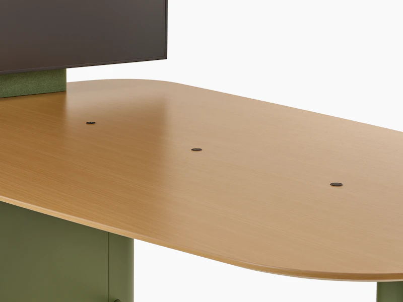 Headway Huddle Table with Ello Micro Vine usb-c embedded D-shaped table top with clear on ash finish.