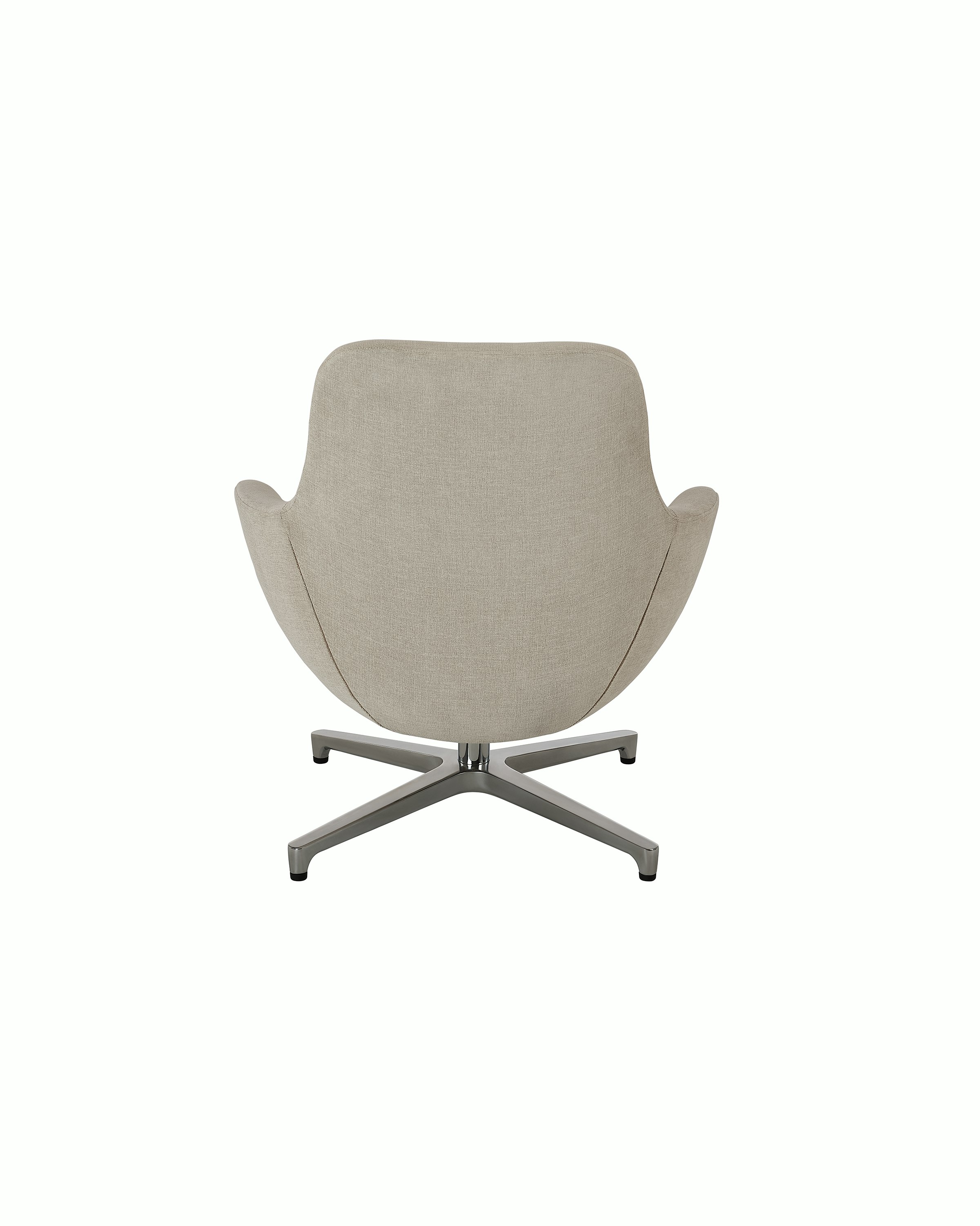 Saiba Lounge Chair designed by Naoto Fukasawa upholstered in Vionette in Desert Mix with a polished aluminum base, shown back-facing on a white sweep.