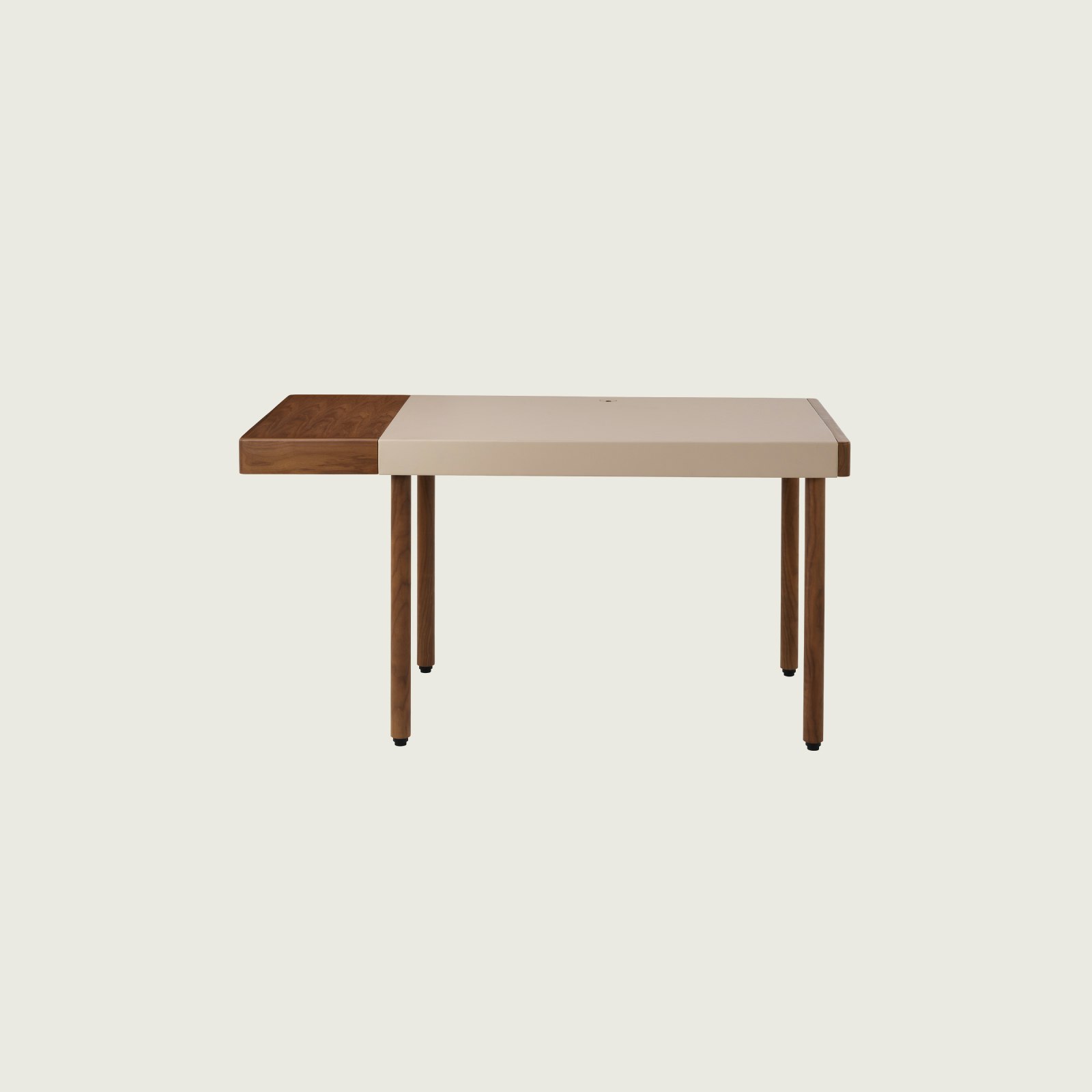New Canaan Leatherwrap Sit-to-Stand Desk in Walnut and Champagne Leather, one drawer on left side, front view.