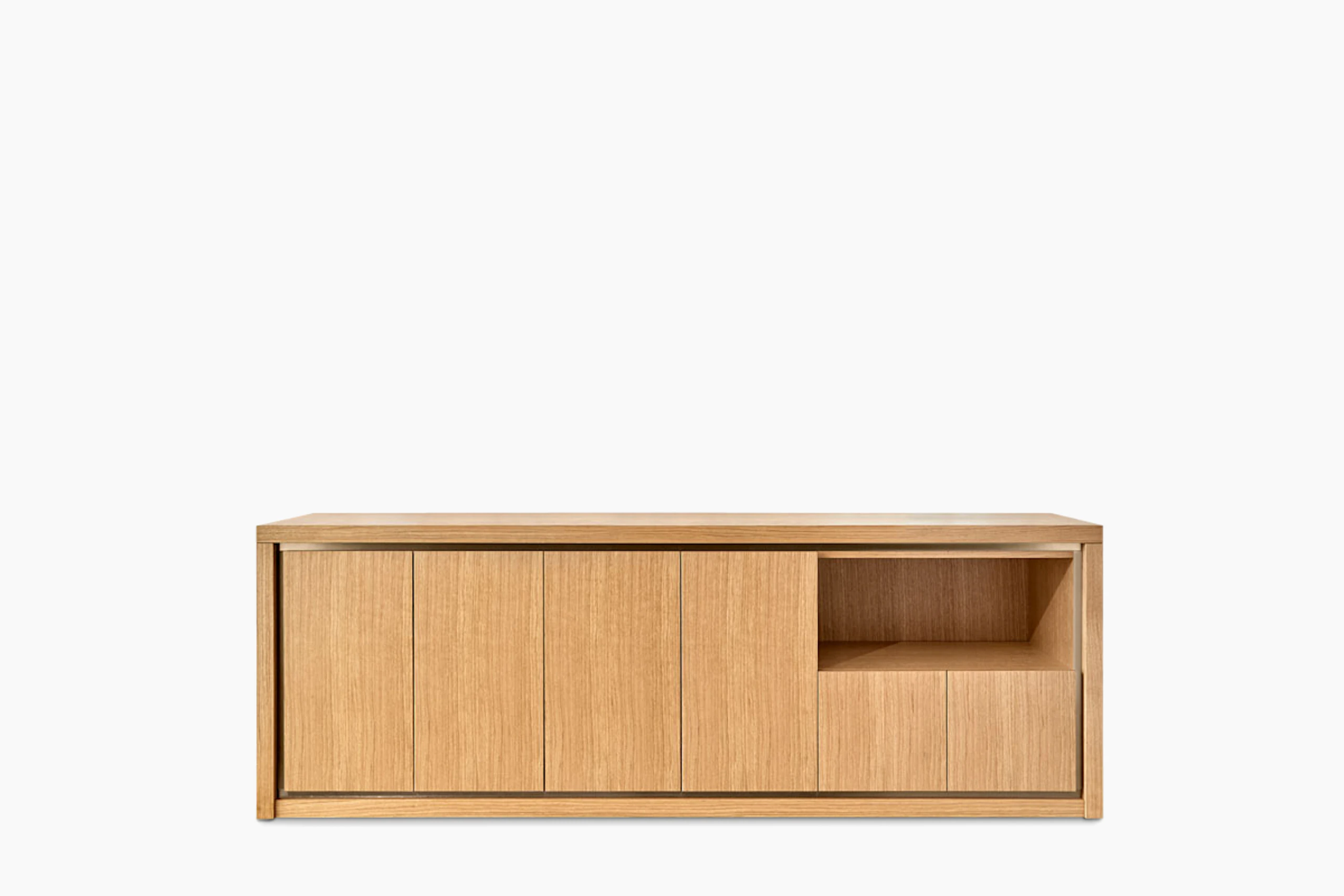 Highline 50 Credenza in Rift Cut European White Oak with Oil Rubbed Bronze reveal, front view.