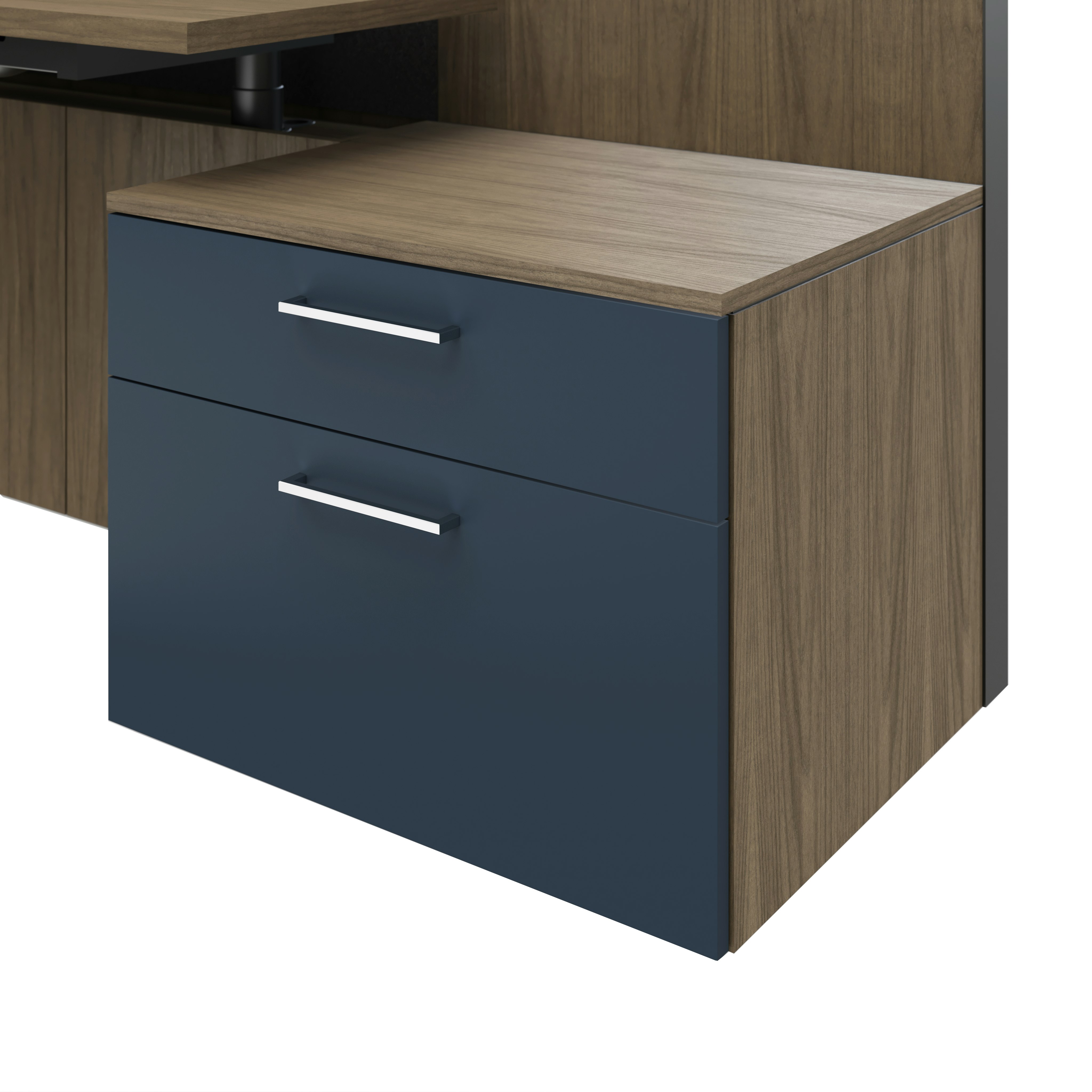 Detail shot of the Geiger One Casegoods storage with a Natural Flat Cut Walnut case and naval blue painted fronts.