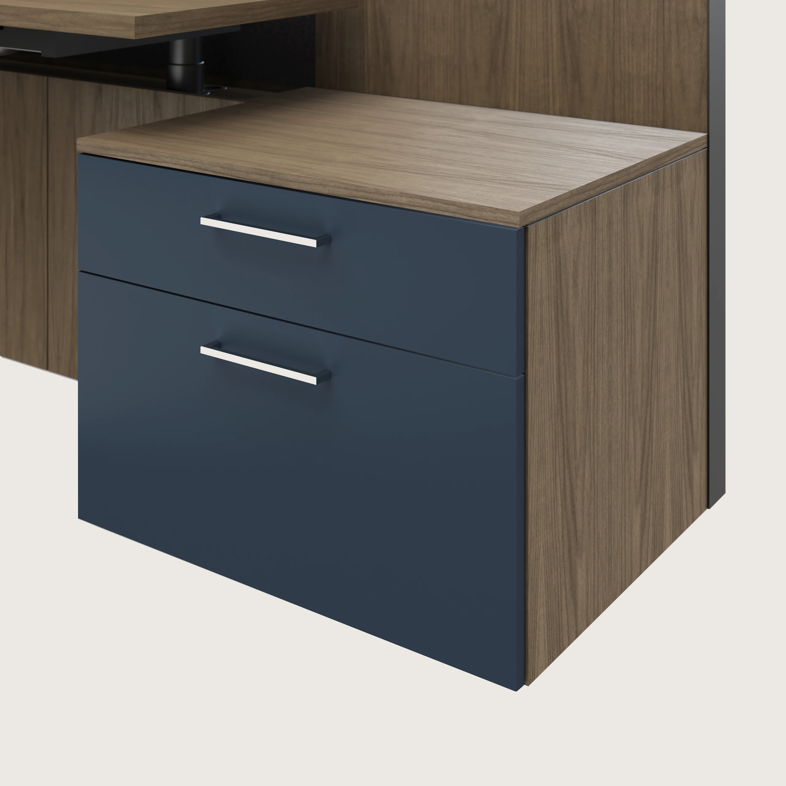Detail shot of the Geiger One Casegoods storage with a Natural Flat Cut Walnut case and naval blue painted fronts.