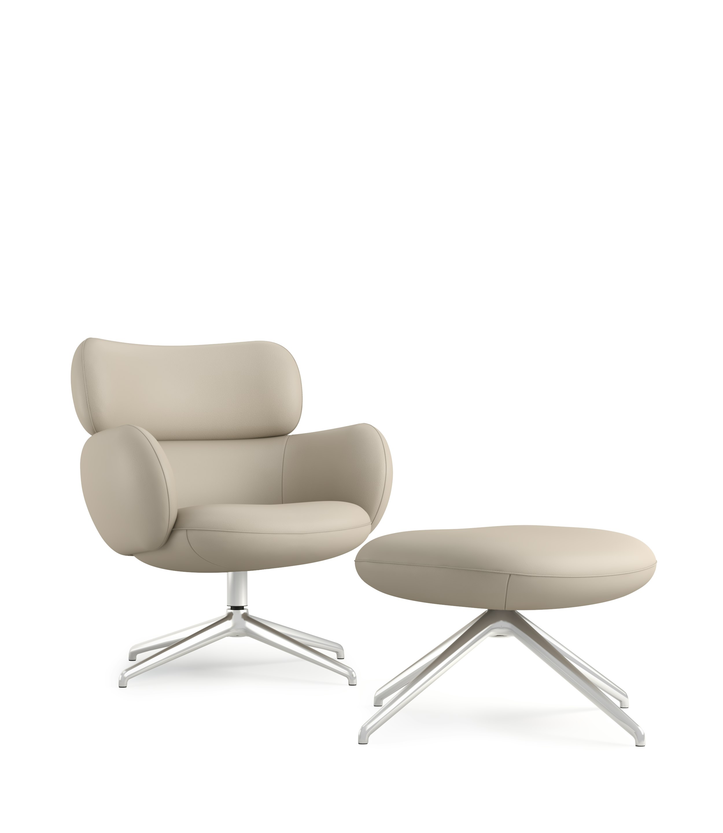 Blis Swivel Chair and Ottoman - Chrome, Raise Leather, Gesso