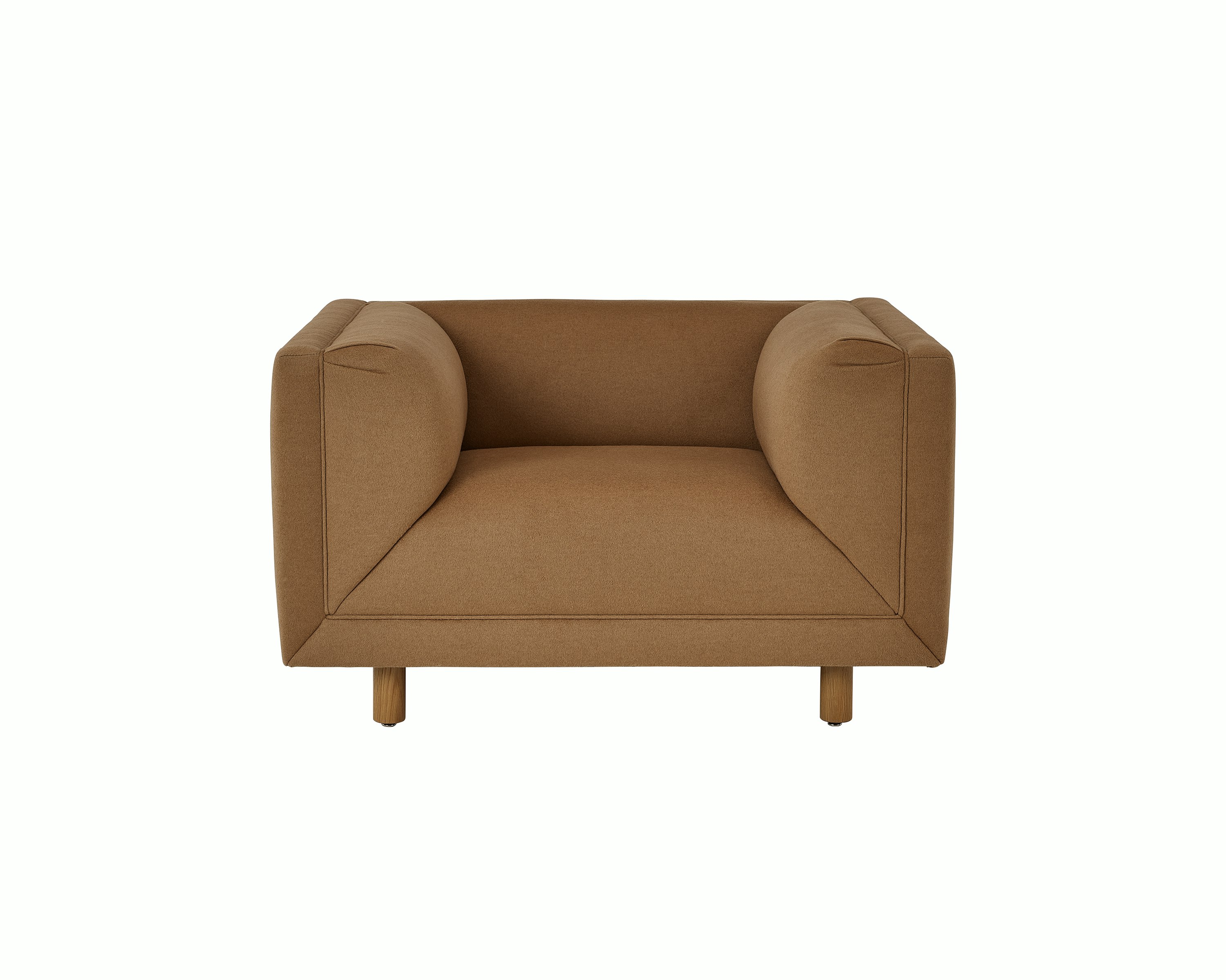 Rolled Arm Club Chair designed by Ward Bennett upholstered in Brushed Camel in Natural with a Natural Oak base, shown front-facing on a white sweep.