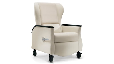 A front three-quarter view of a white Nemschoff Serenity Recliner by Herman Miller.