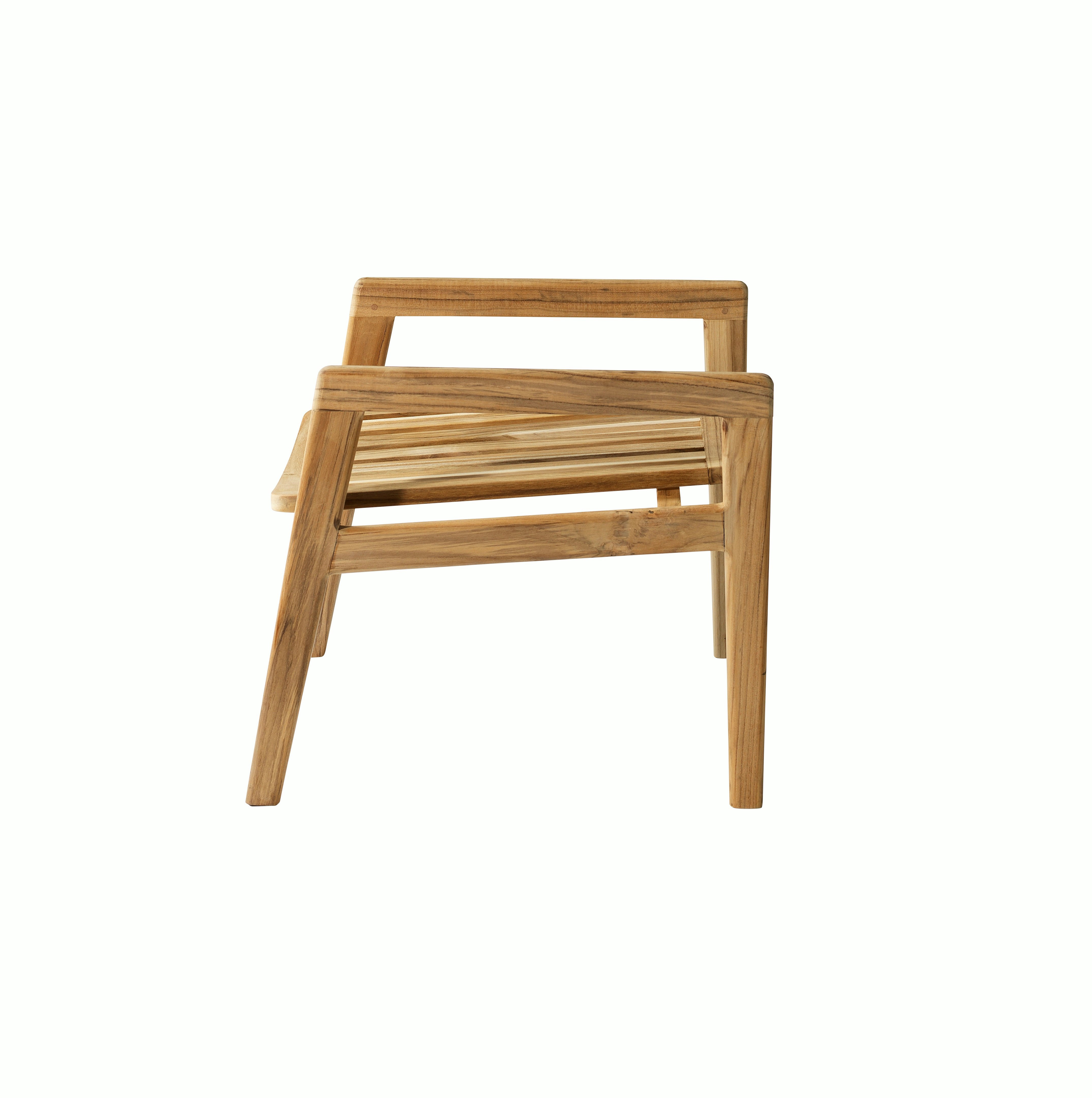 A Sammen Outdoor Ottoman in Sammen Outdoor Ottoman - Natural Teak viewed from the side.