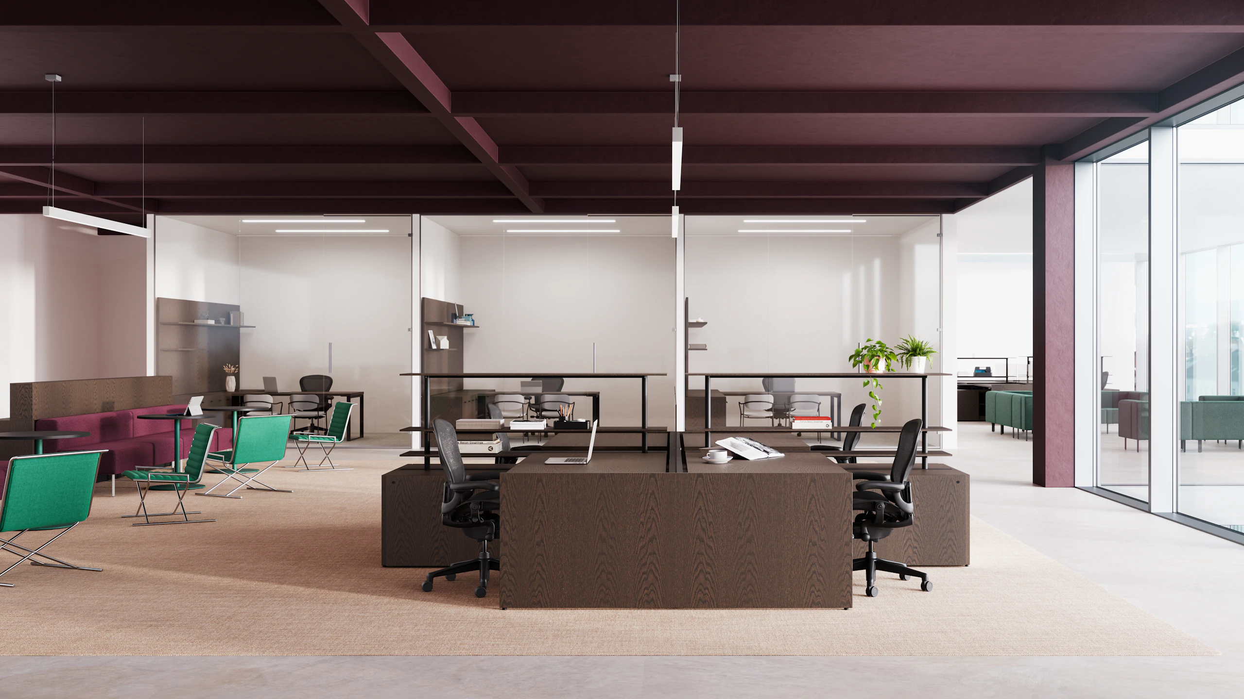 An office with workstations, casual meeting spaces and private offices is shown straight on.
