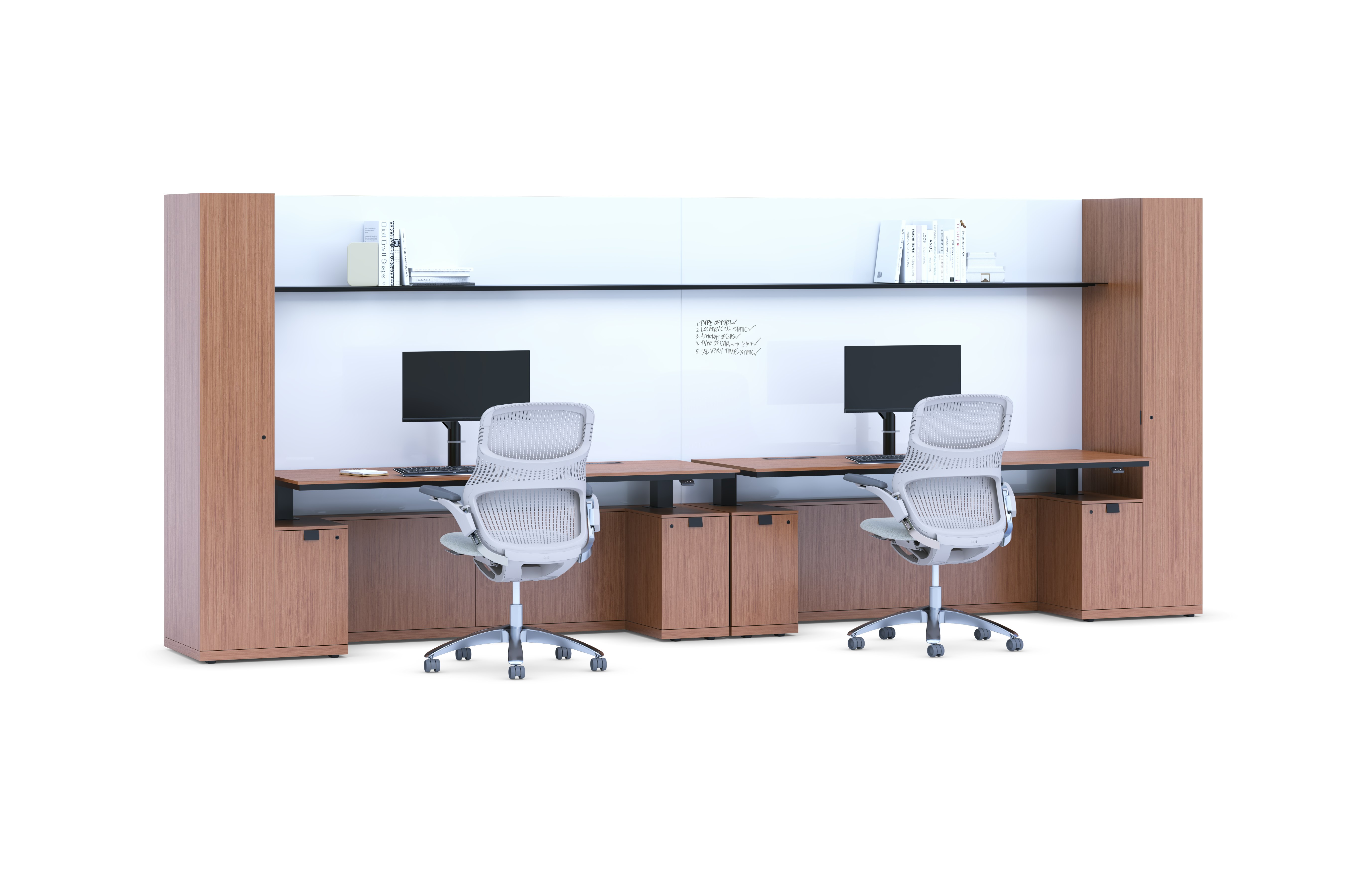 A shared private office featuring light brown woodgrain veneer, white backpainted glass workwall, height-adjustable tables and task chairs.