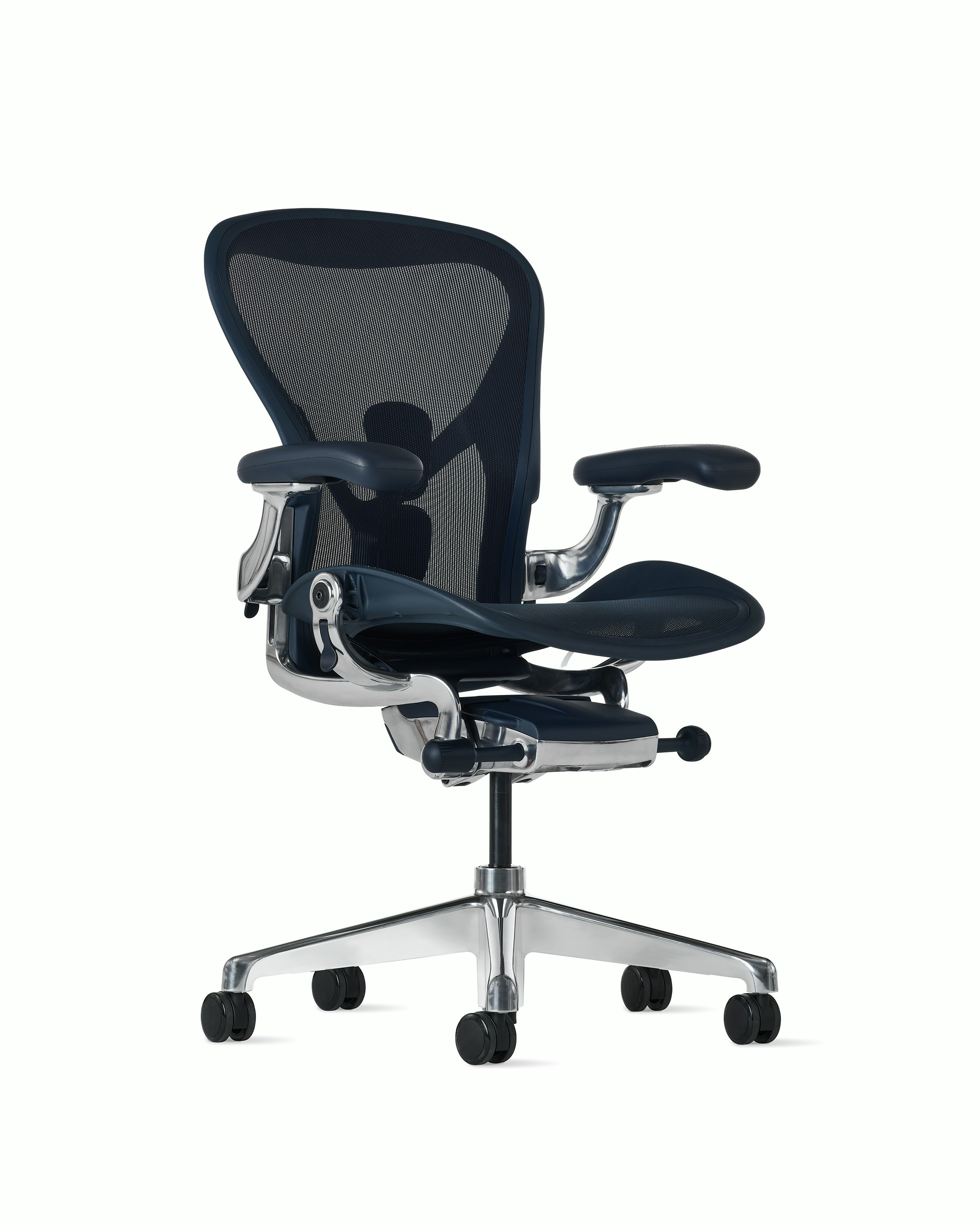 An Aeron Chair in Nightfall with polished base viewed at an angle
