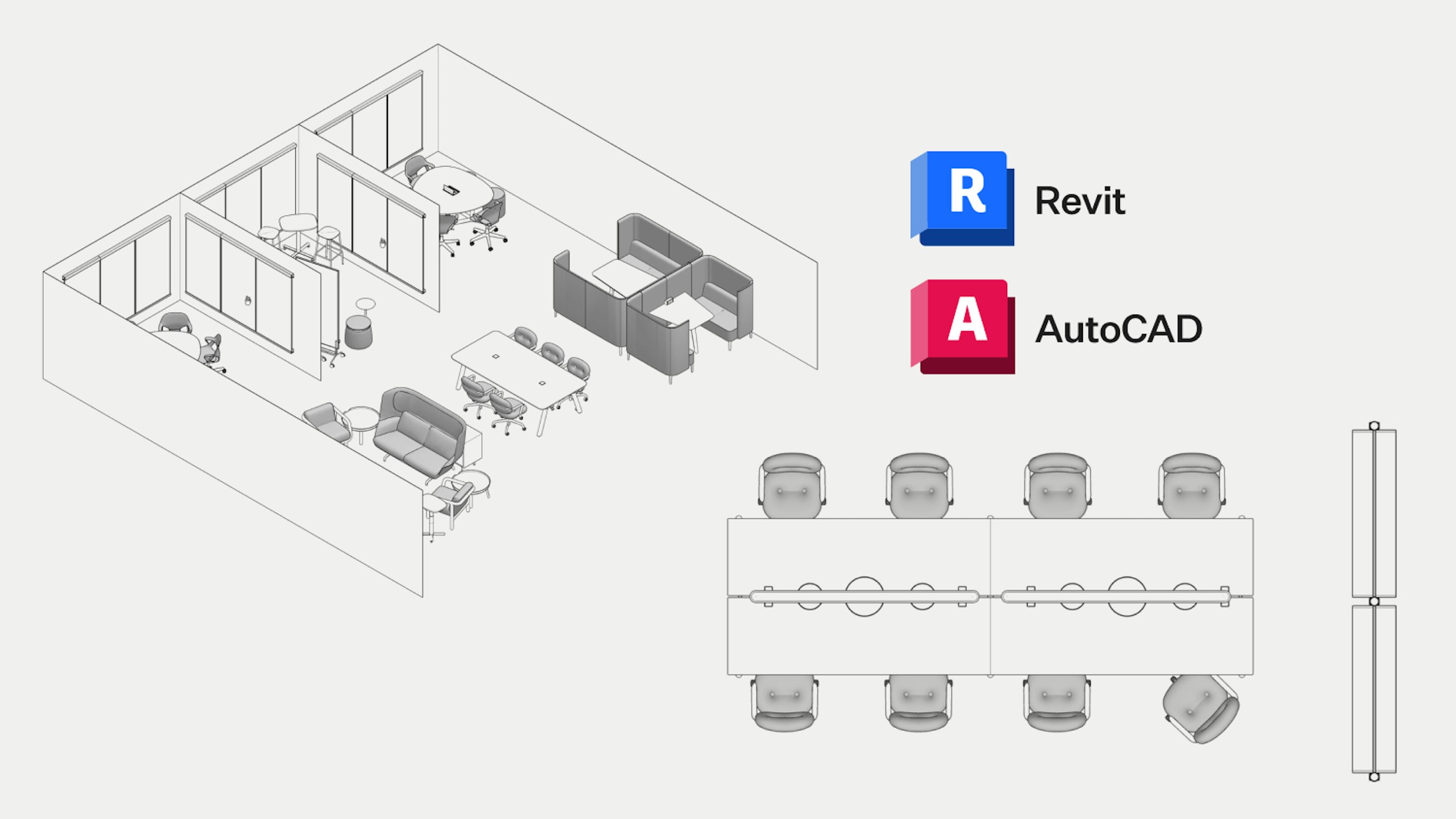An AutoCAD drawing of a conference room and a Revit drawing of a student lounge with the Revit and AutoCAD symbols in the top-right corner