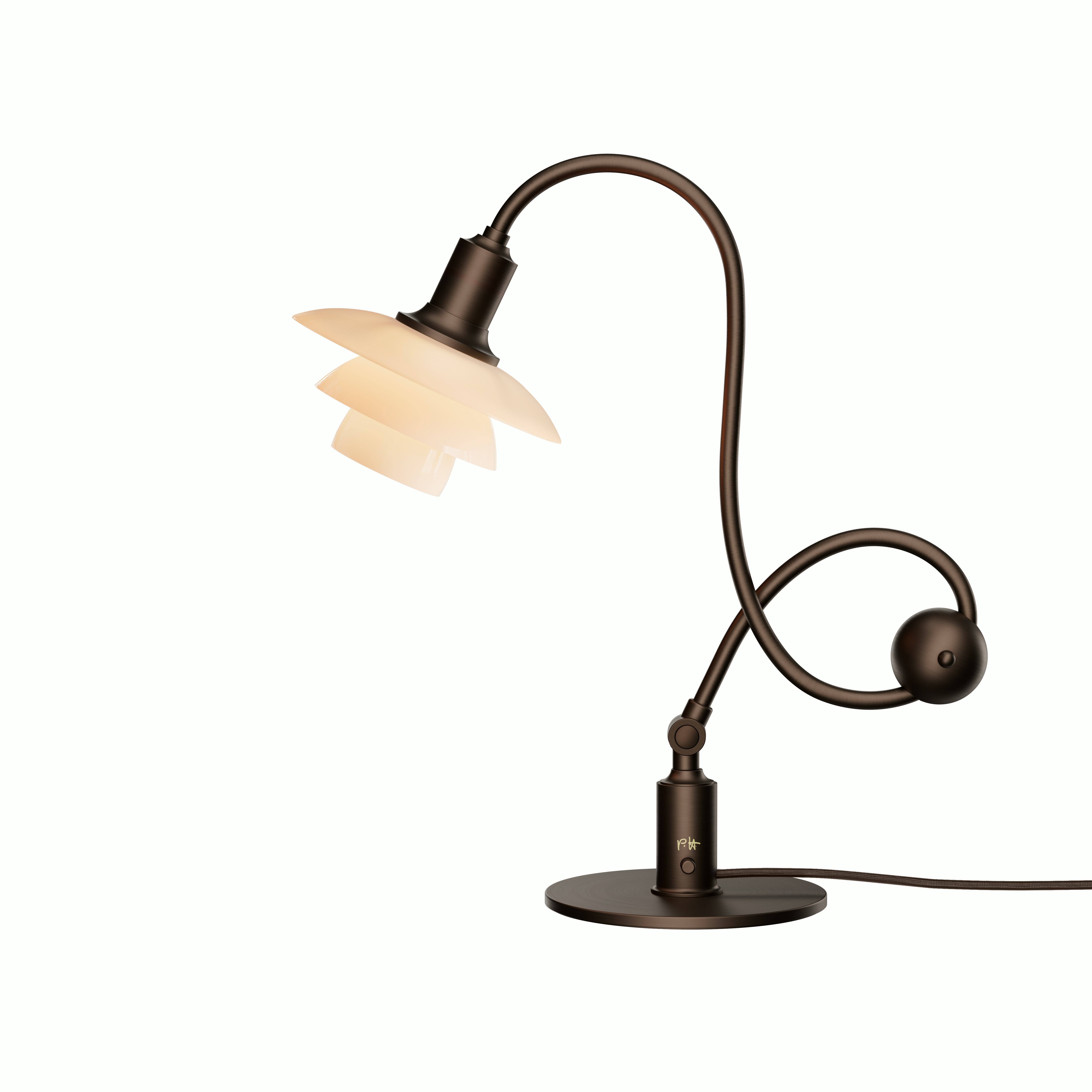 A PH Piano Lamp in Terracotta/Brass viewed from the front.