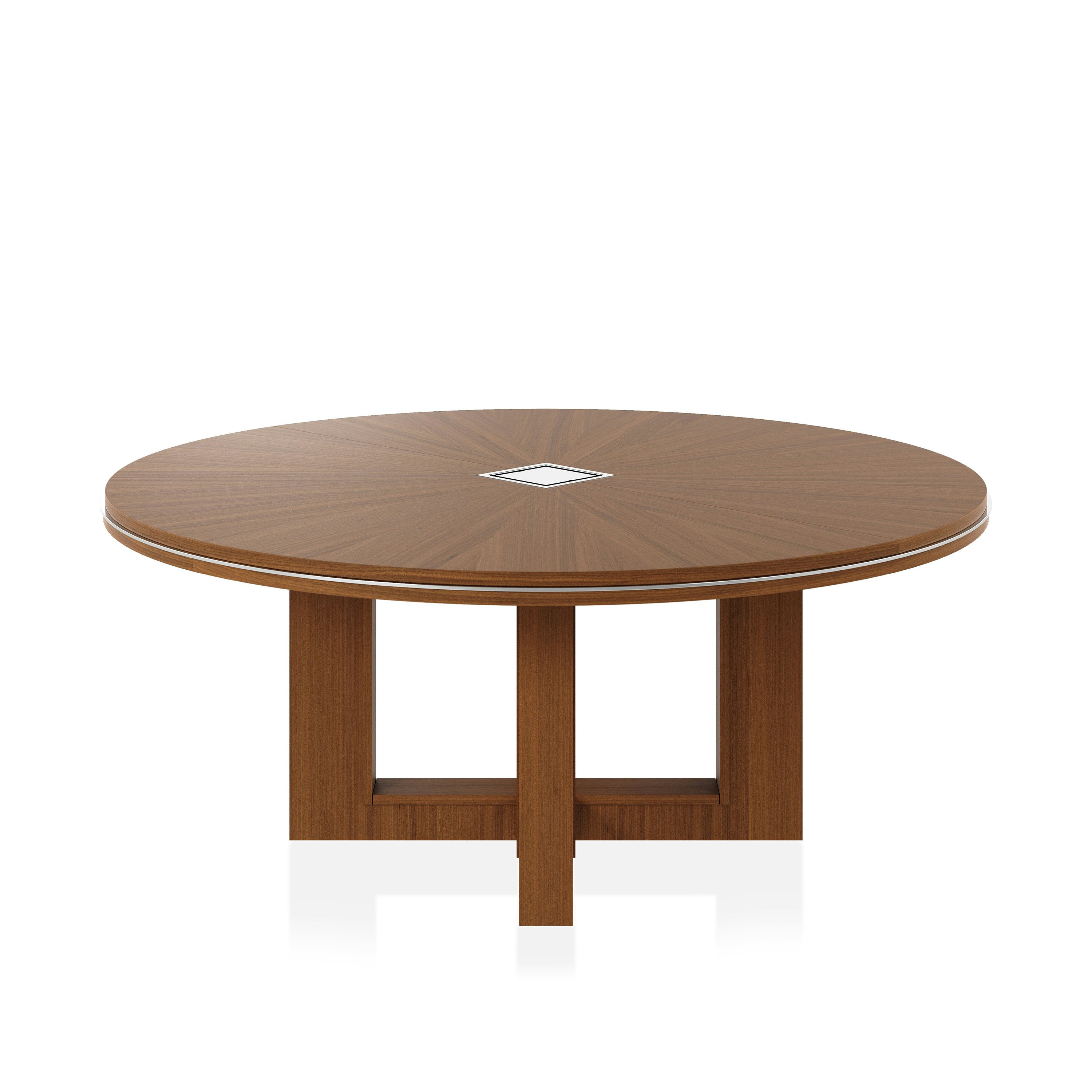 Circular Highline Fifty Meeting Table in Natural Quarter Cut Walnut with Polished Chrome details viewed from a 45 degree angle.
