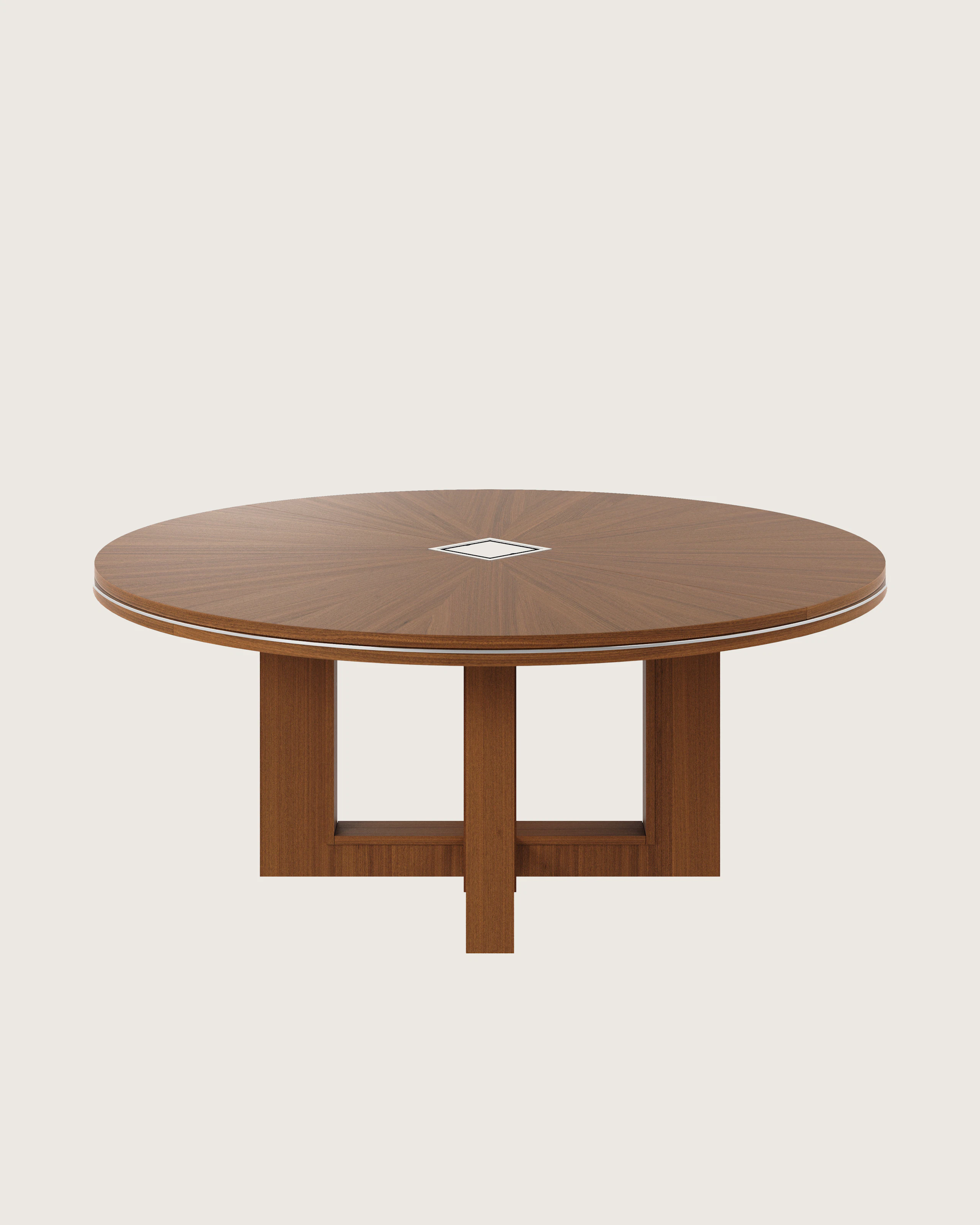Circular Highline Fifty Meeting Table in Natural Quarter Cut Walnut with Polished Chrome details viewed from a 45 degree angle.