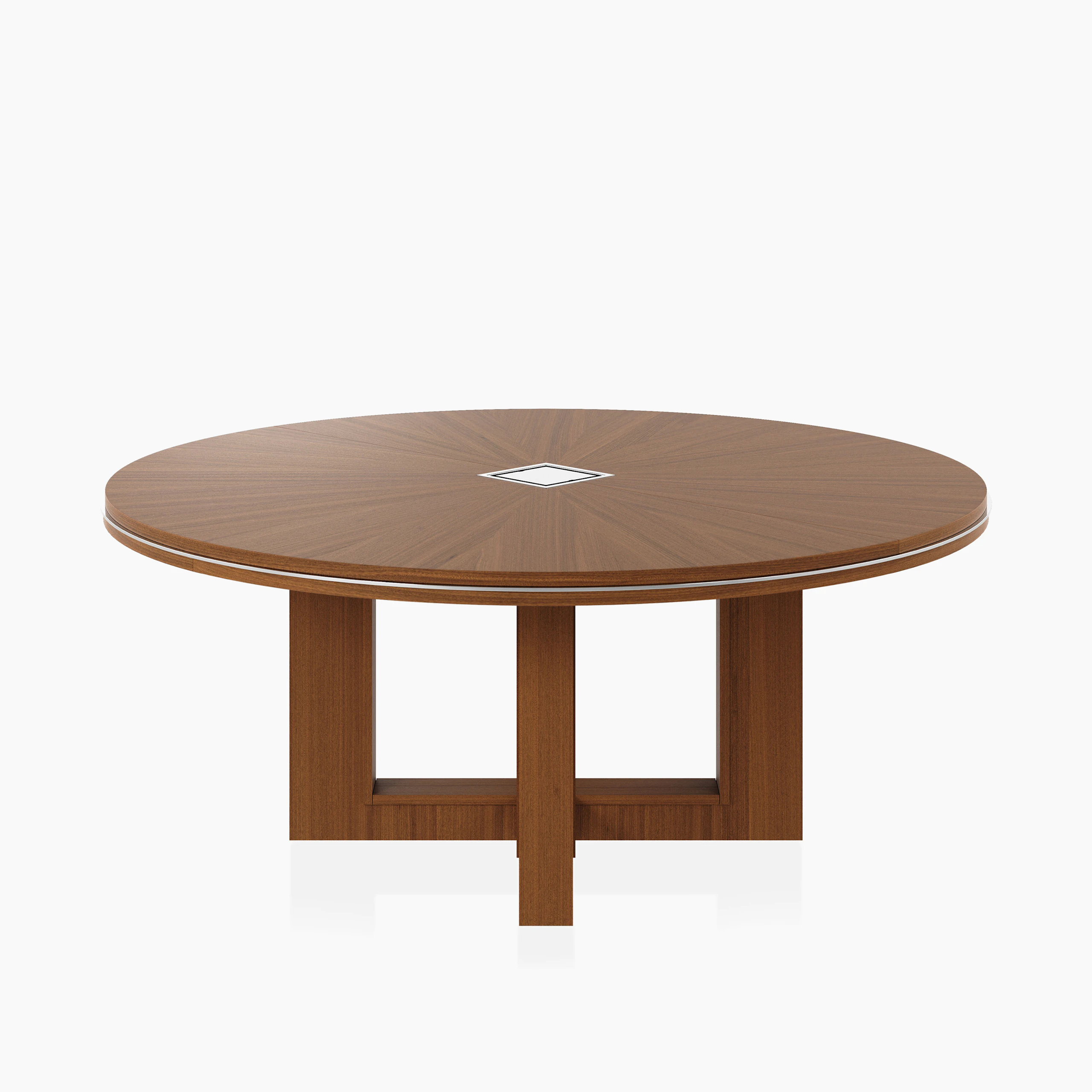 Circular Highline Fifty Meeting Table in Natural Quarter Cut Walnut with Polished Chrome details viewed from a 45 degree angle.