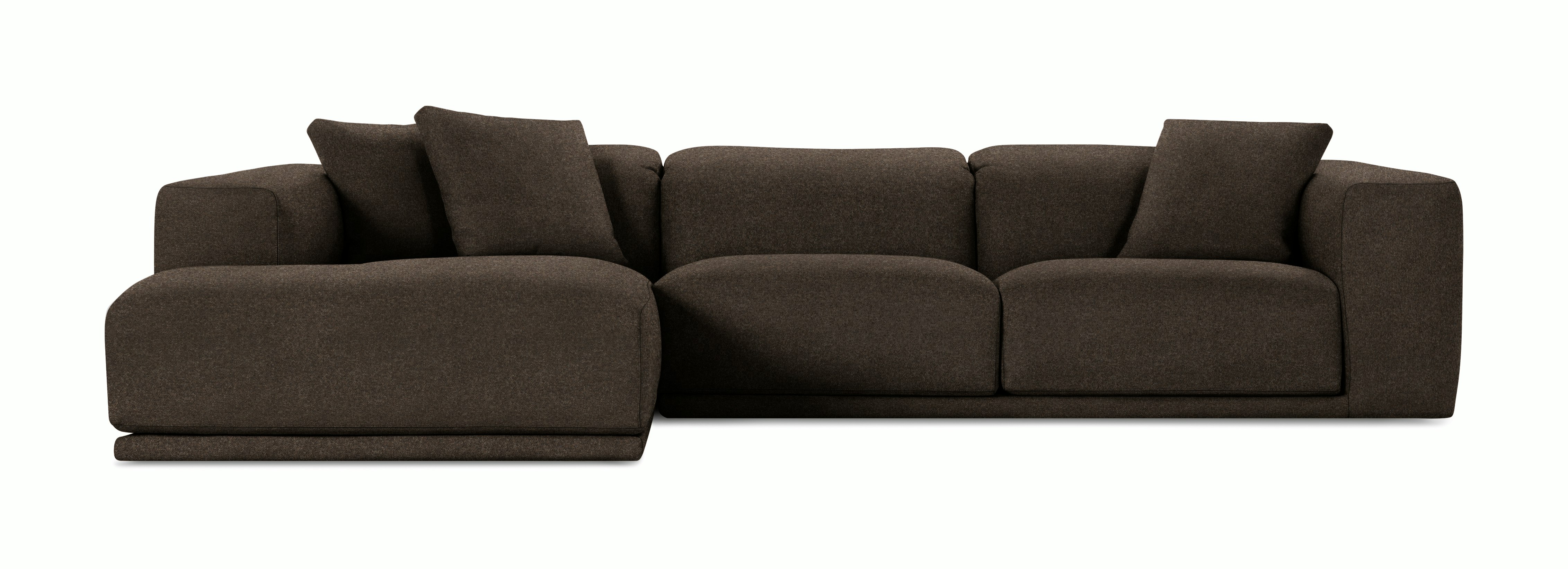 A Kelston Sectional in Chocolate viewed from the front.