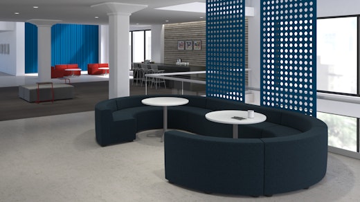 Activity Spaces community work lounge coffee bar pantry break area social space corridor bench ottoman Toboggan pull up table Dividends Skyline x base table FilzFelt hanging panel acoustic wall Bertoia Barstool