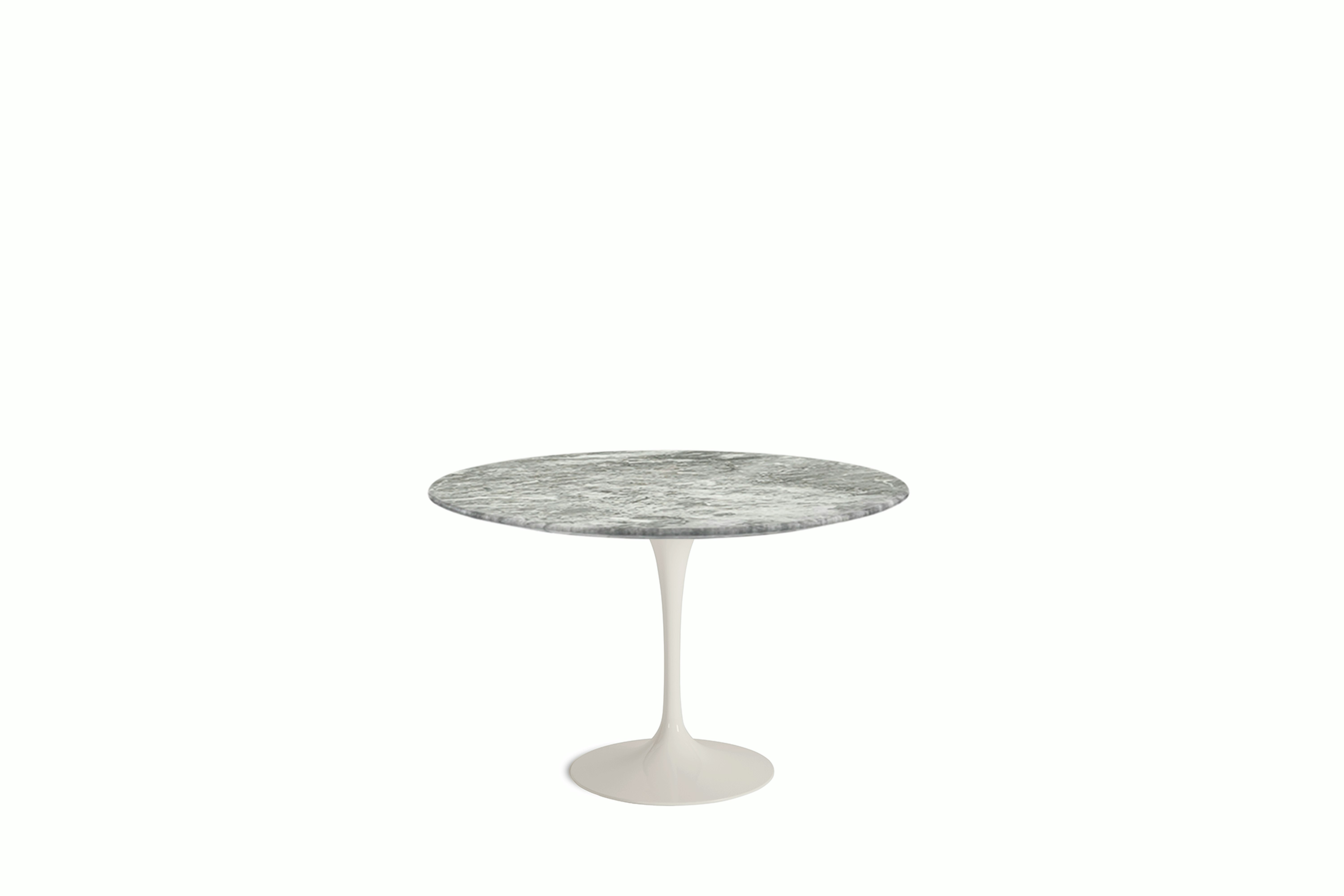 A Saarinen Dining Table in Round, 47 inch, Satin Coated Marble, Grey Marble, Cream Base viewed from the front.