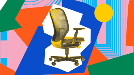 Blue, red, green, and pink graphic surrounding a yellow tinted office chair.