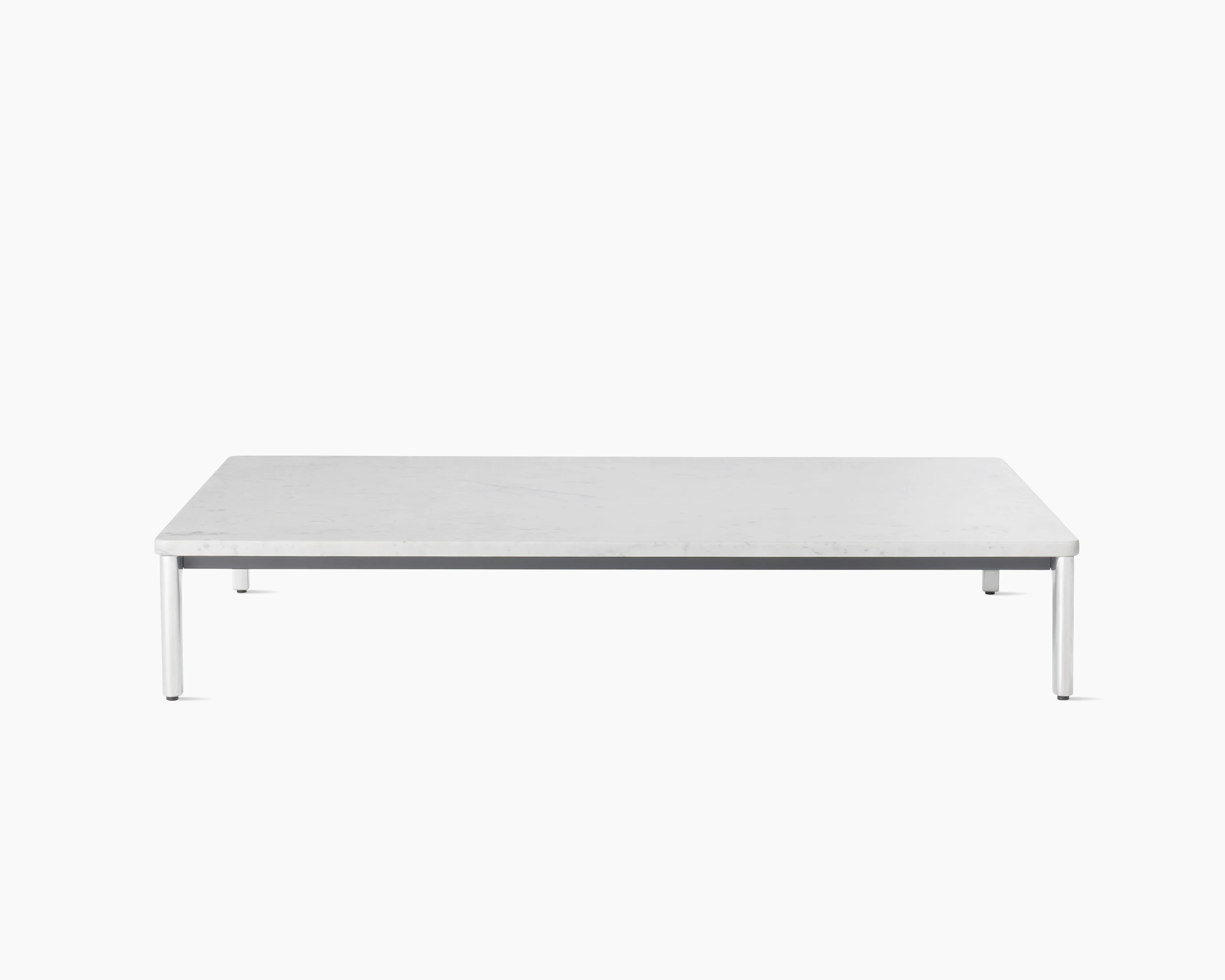 Front view Mimo Coffee Table with polished legs and white marble top on white background.