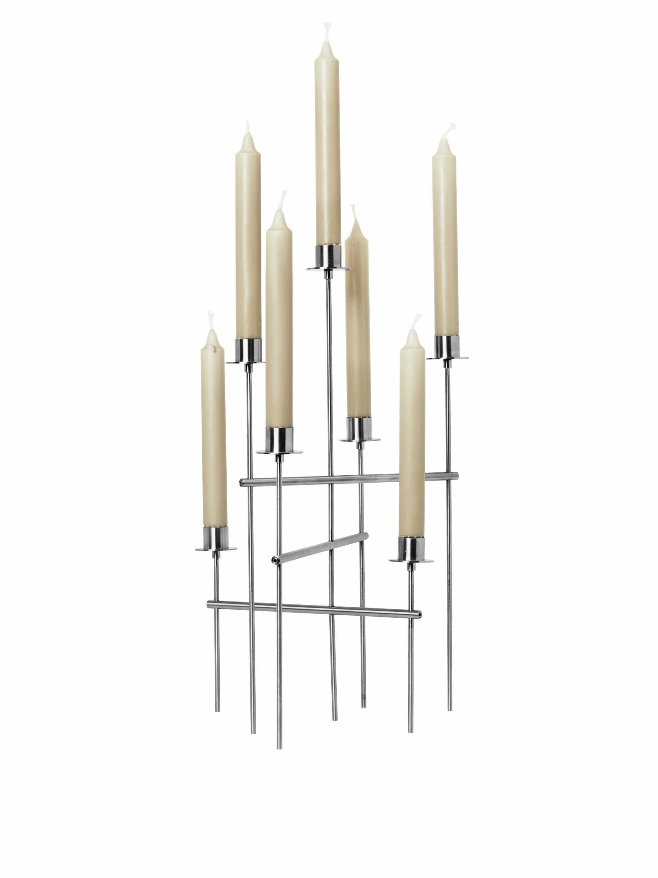 A Elysia Candelabra in stainless steel Viewed from the front.