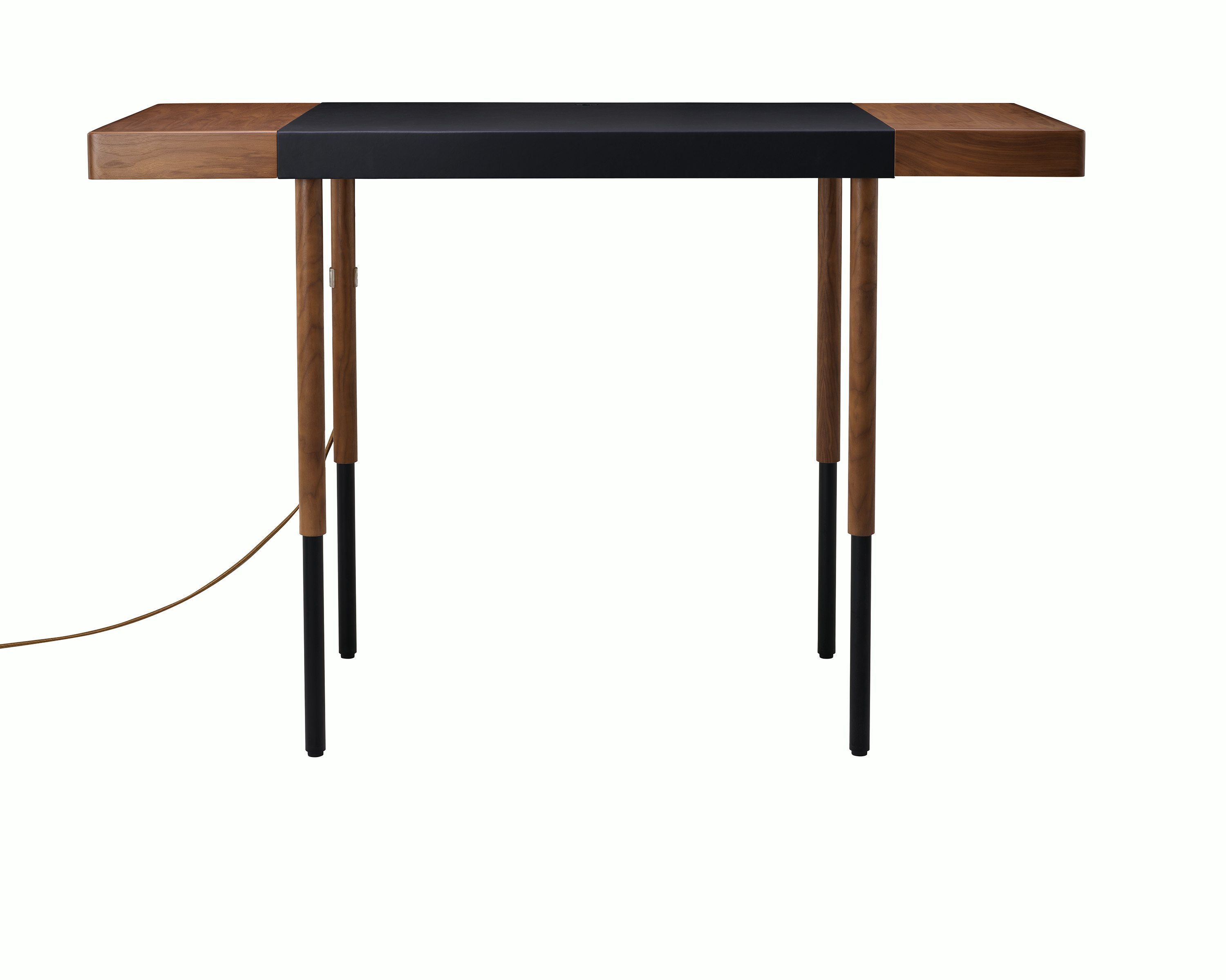 New Canaan Leatherwrap Sit-to-Stand Desk in Walnut and Black Leather, fully raised with cord, front view.