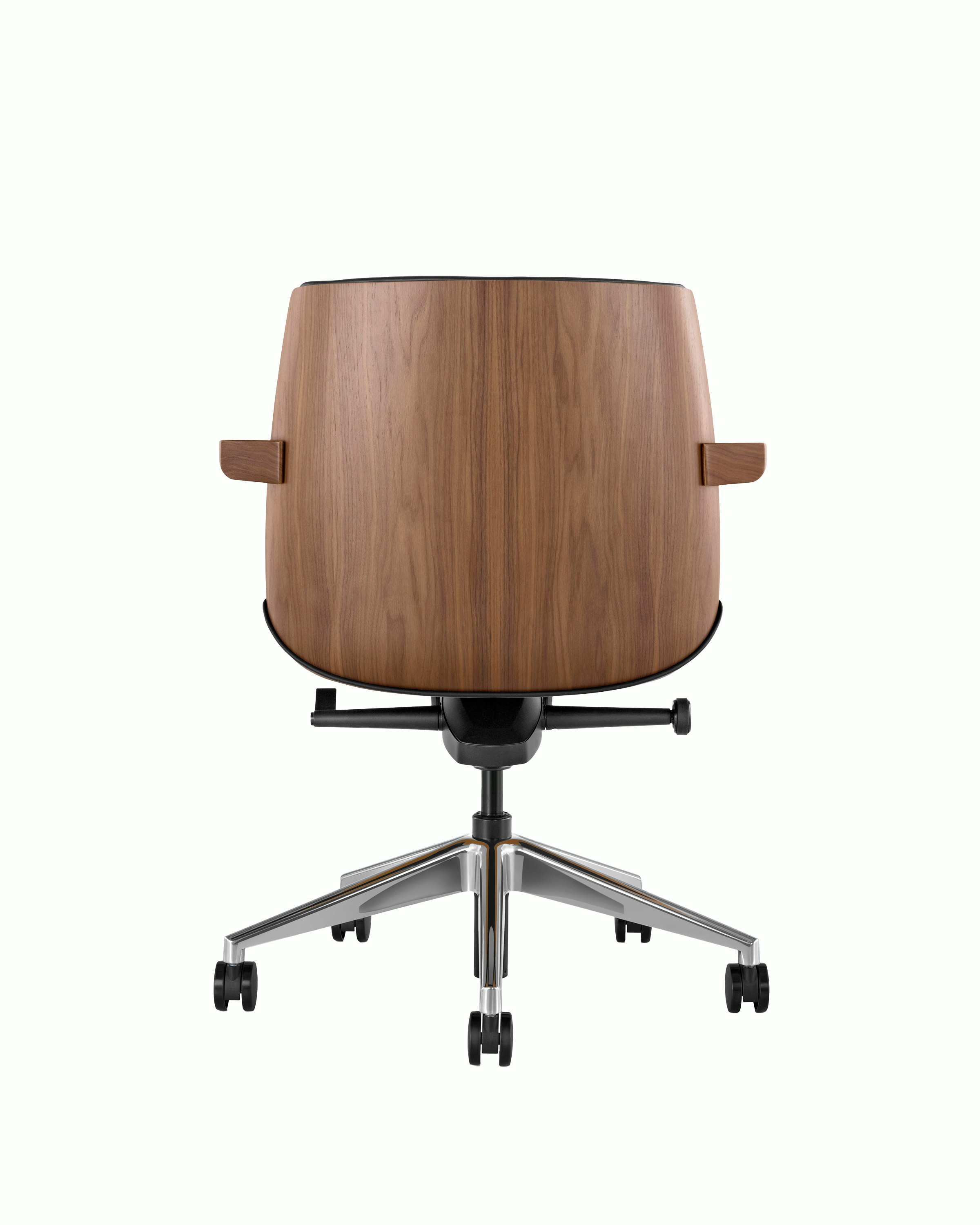 Back view of a low-back Clamshell Conference Chair with black leather upholstery, a walnut shell, with arms.