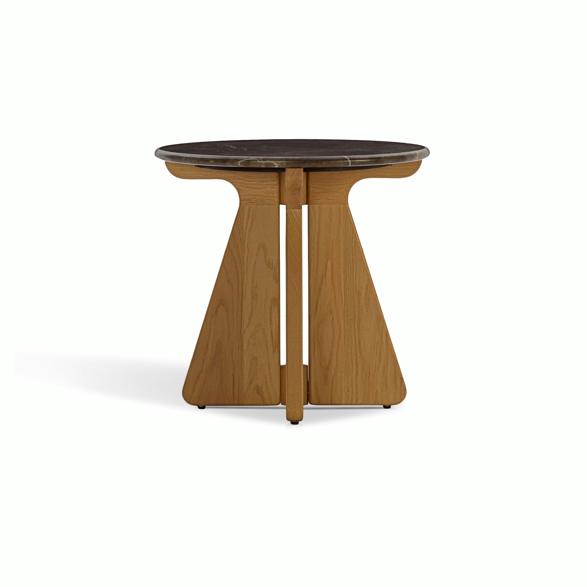 A Pinna Side Table in Espresso Oak viewed from the front.