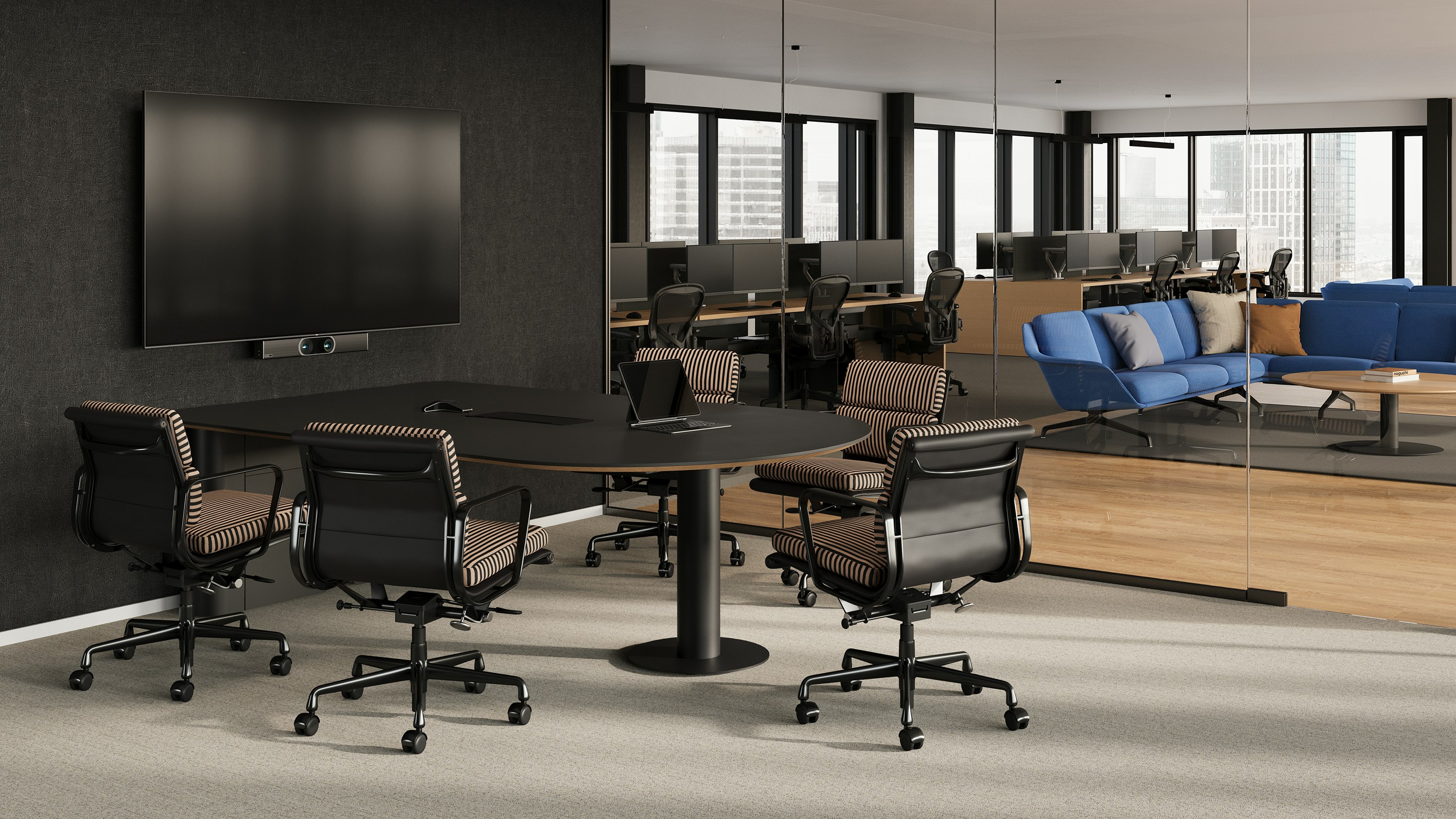 Headway Huddle Table in Enclosed Space with Wall Mounted Monitor and Camera.