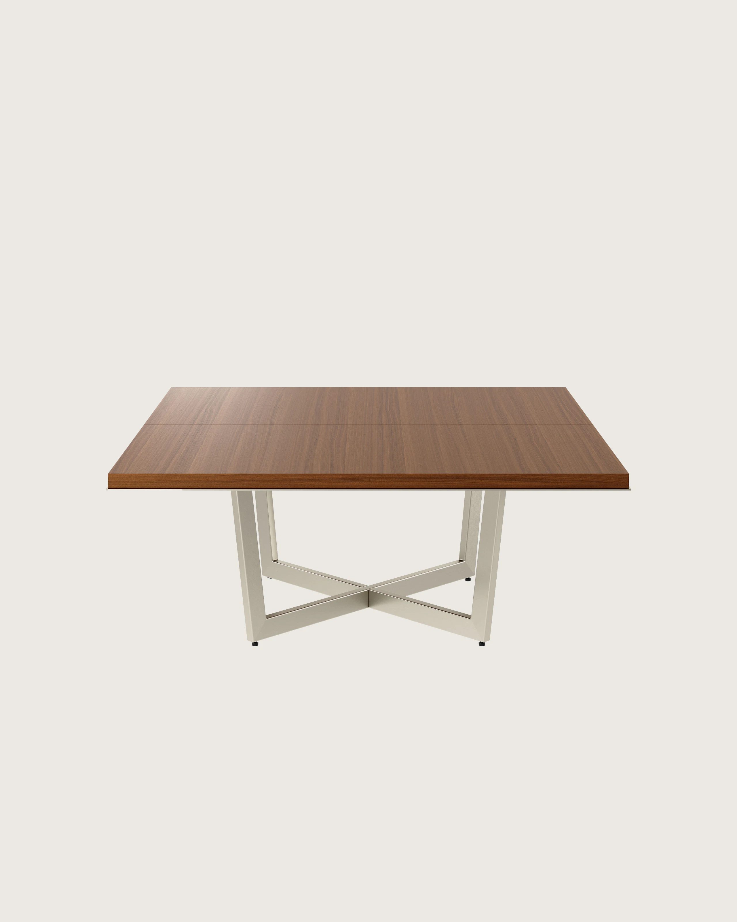 Highline Meeting Table in Natural Quarter Cut Walnut with a Satin Nickel base viewed from the front.