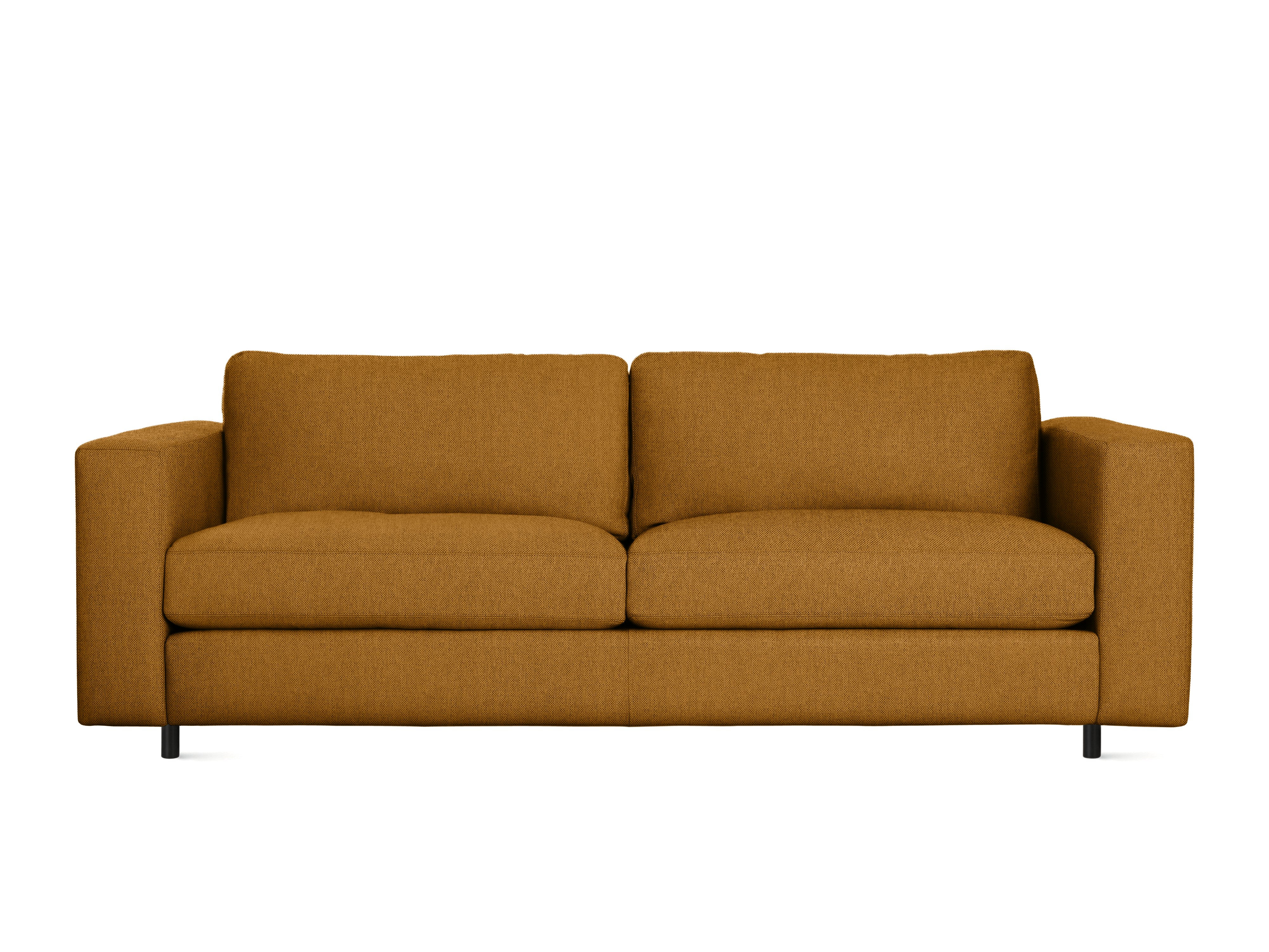 A Reid Sofa in Mode Nutmeg, Black viewed from the front.