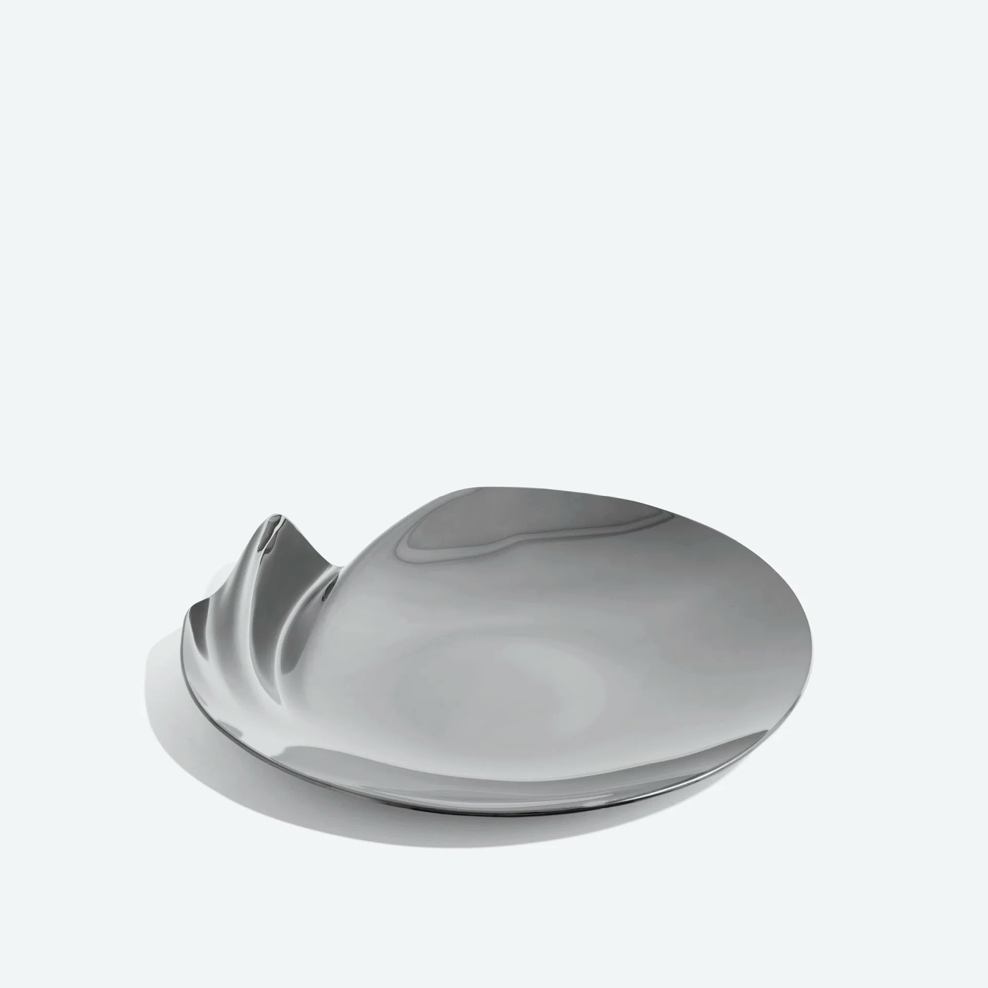 A Serenity Platter in Medium, Stainless Steel viewed from back.