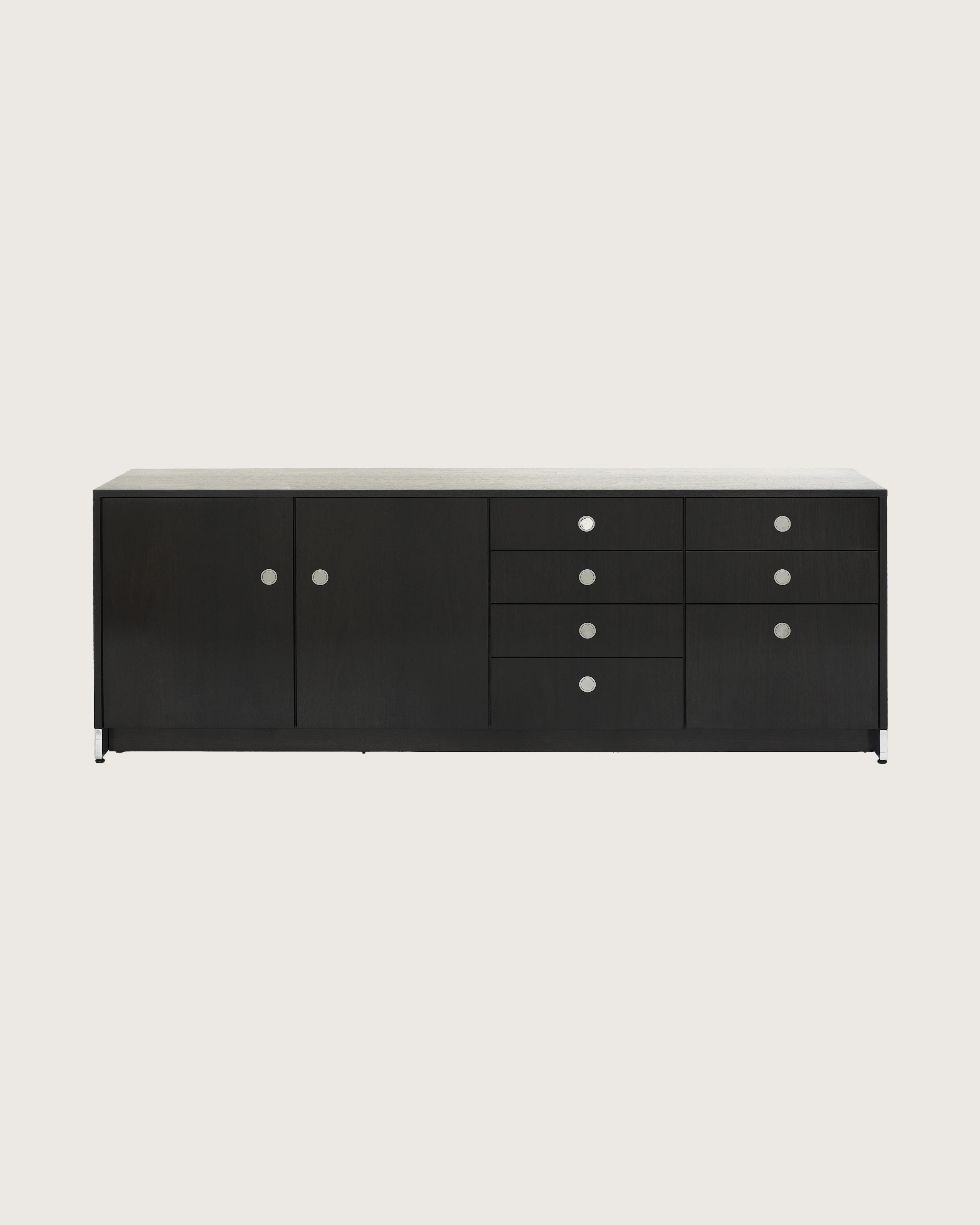 A four-unit Sled Base Storage credenza with a dark wood finish and a combination of hinged doors, box drawers, and file storage.