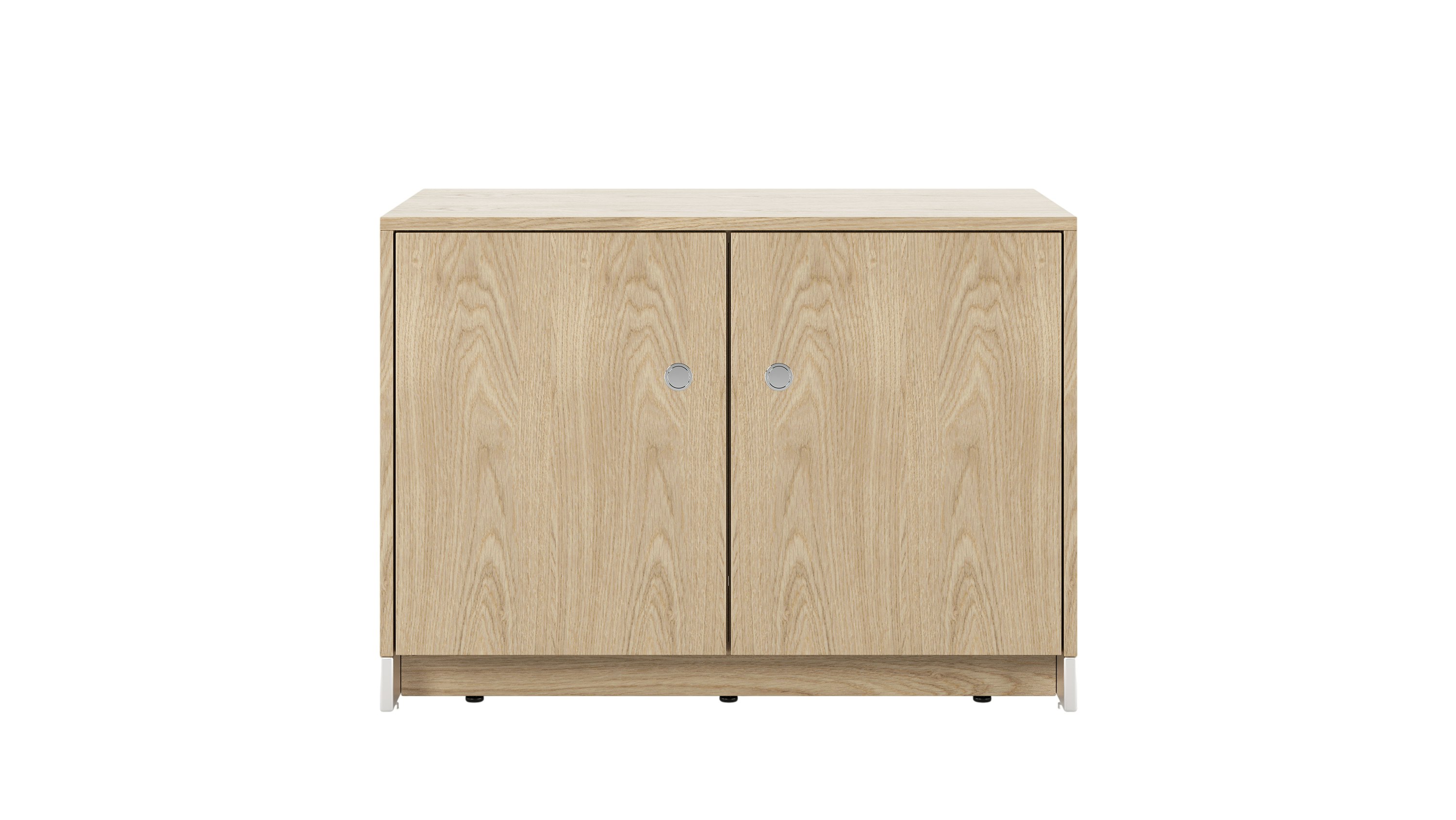 37.5 inch wide Sled Base Credenza with shelf storage in oak with a chrome base and pulls viewed from the front.