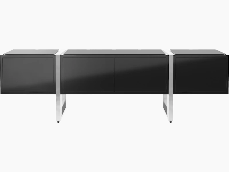 Highline Credenza in Black Polyester with Clear Black Backpainted Glass top and Polished Chrome legs viewed from the front.