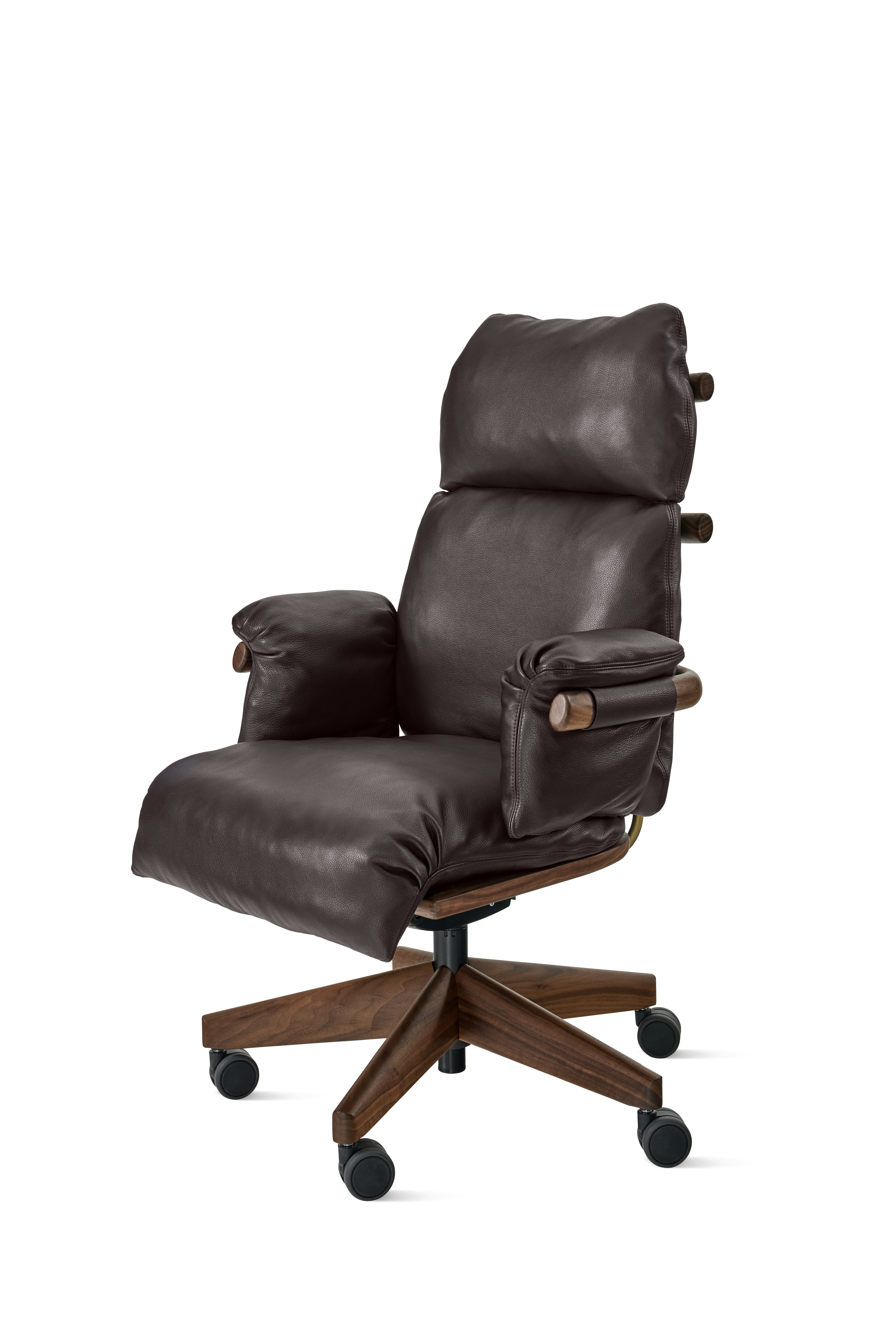 Ramus Chair - High Back,  Comfort Leather,  Chocolate,  Walnut,  Satin Brass,  Hard Floor Caster