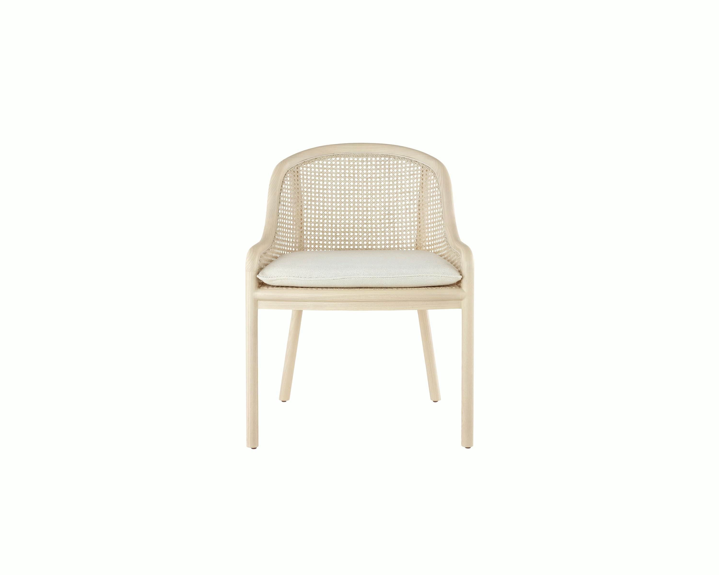 Landmark Chair with a cane back and a seat upholstered in a Double Beam textile, viewed from the front.