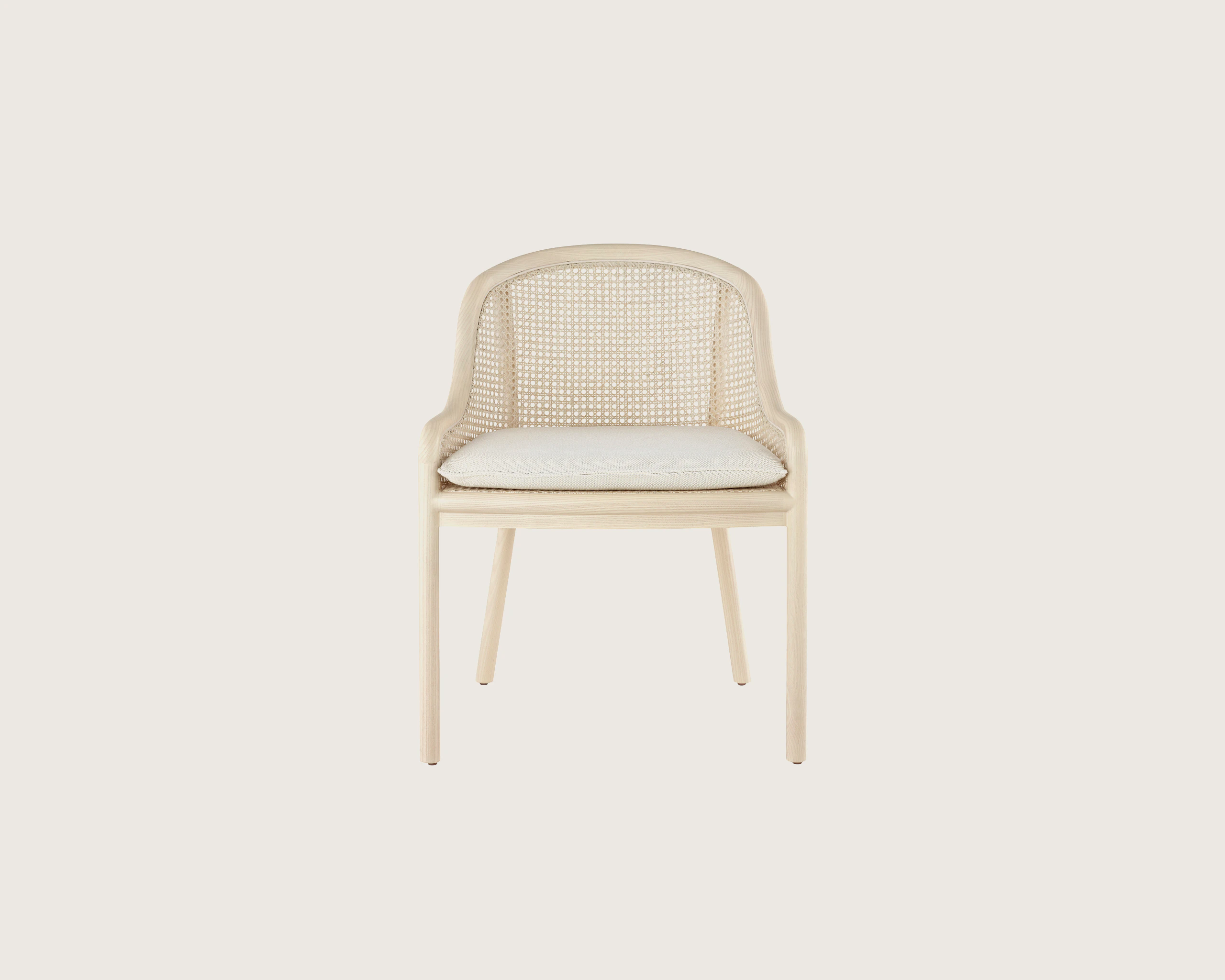 Landmark Chair with a cane back and a seat upholstered in a Double Beam textile, viewed from the front.