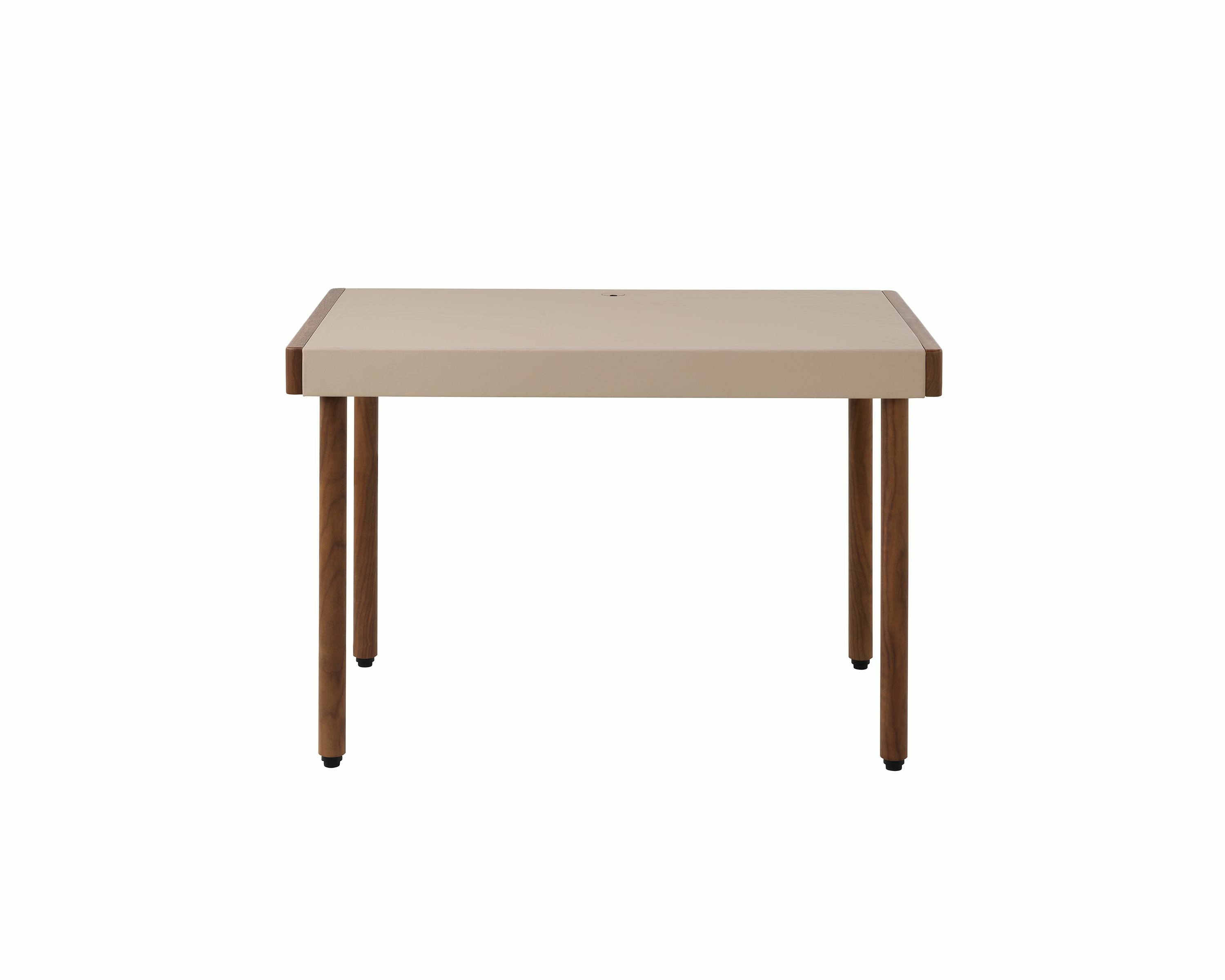 New Canaan Leatherwrap Sit-to-Stand Desk in Walnut and Champagne Leather, no drawers, front view.