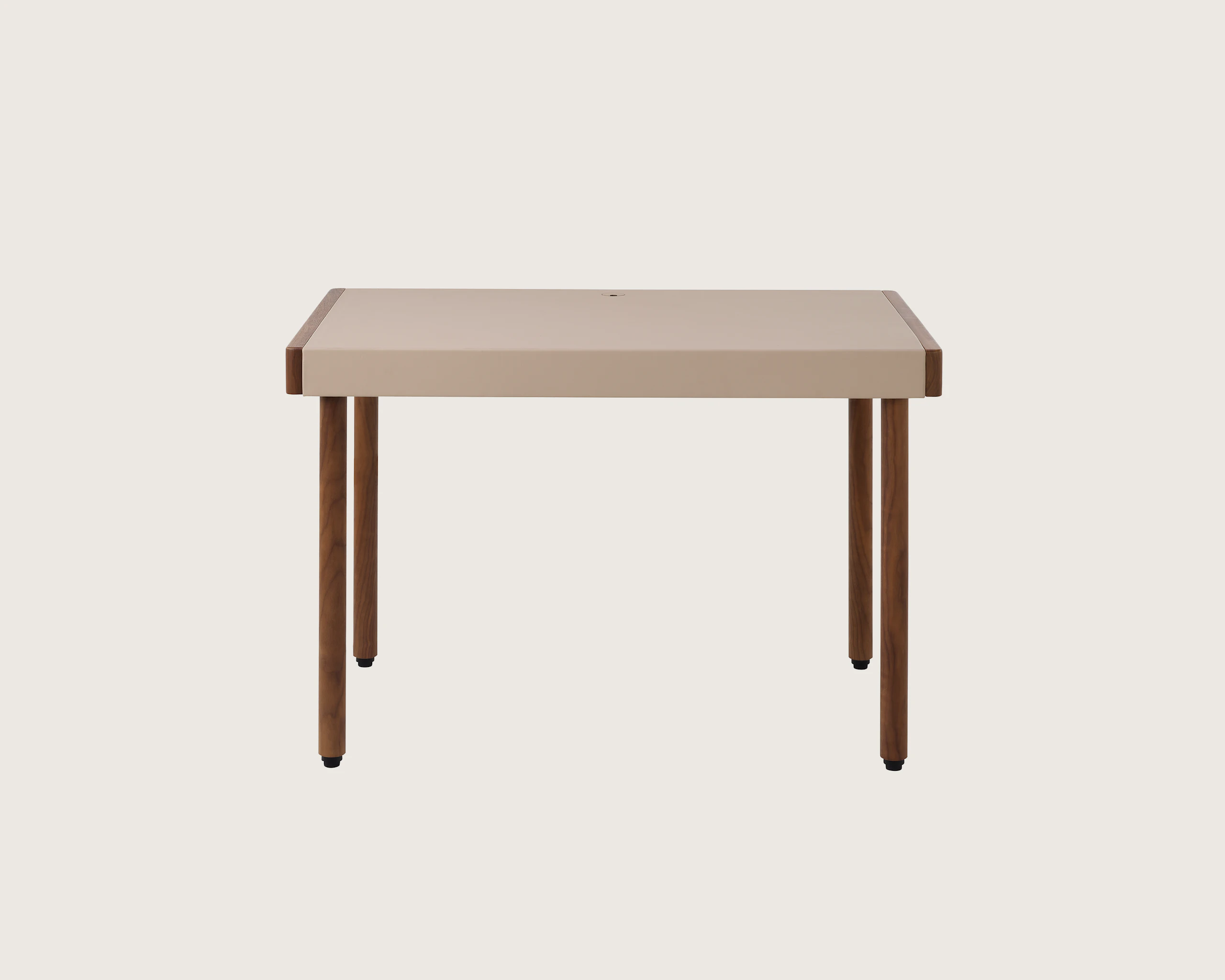 New Canaan Leatherwrap Sit-to-Stand Desk in Walnut and Champagne Leather, no drawers, front view.