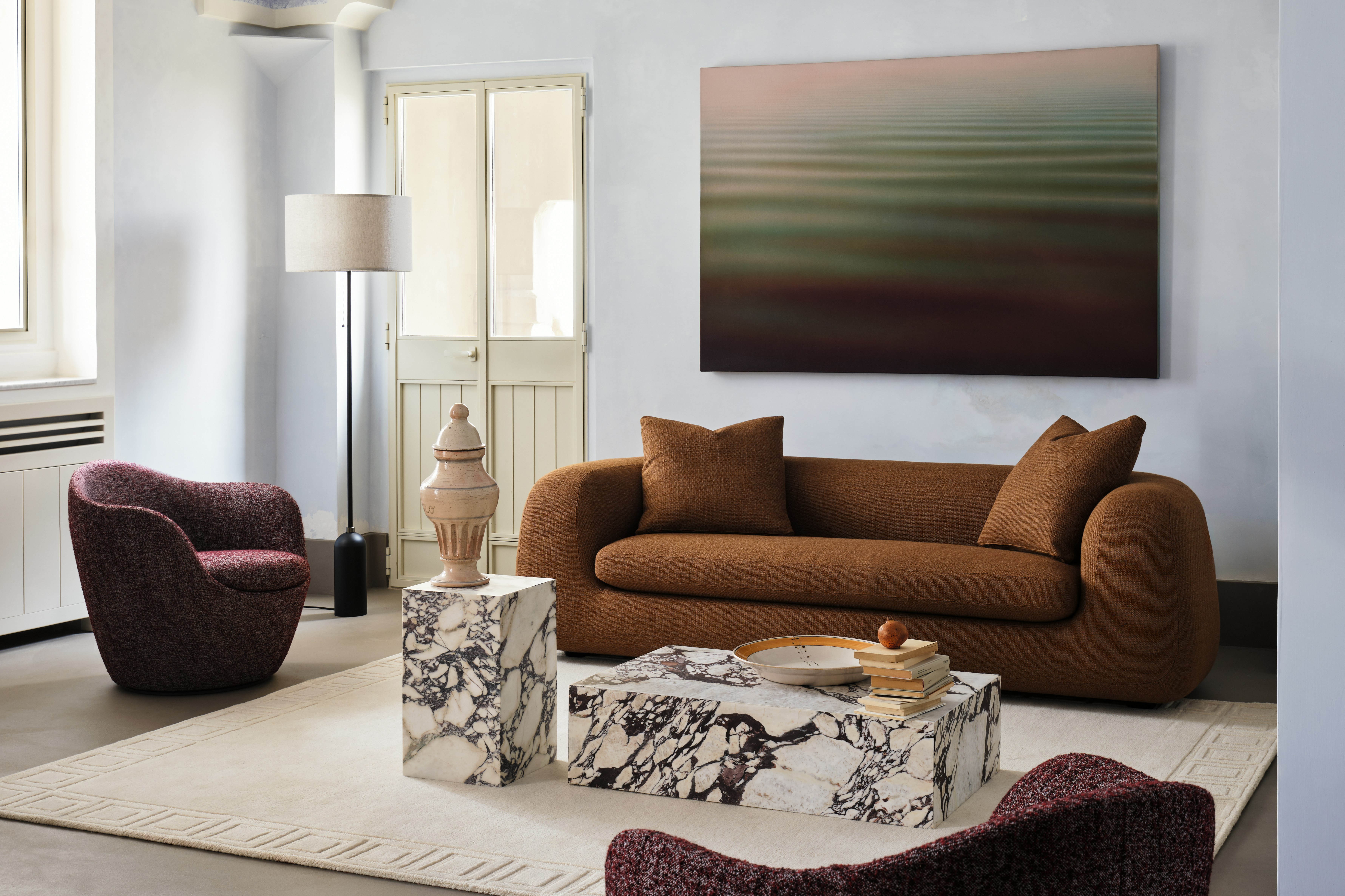 Americano Sofa in Rattan fabric with Plinth Tables and Lina Swivels in Ramil Merlot