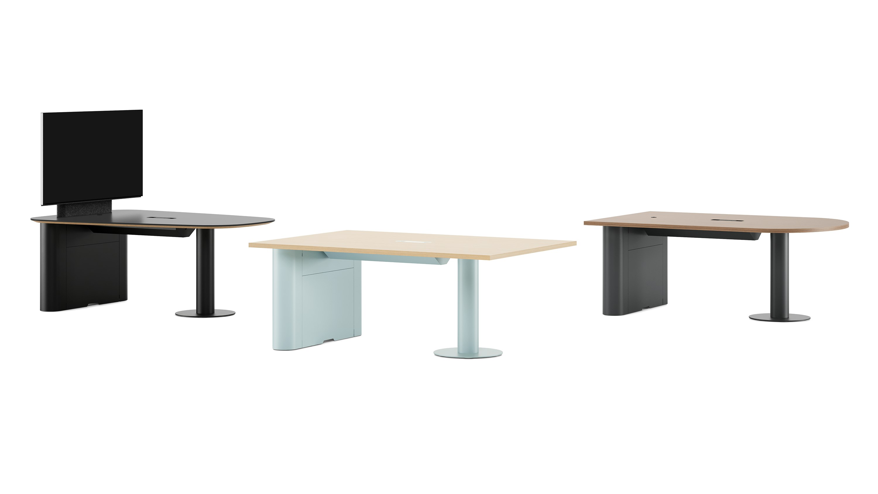 All different Headway Huddle Table shapes shown at the same height.