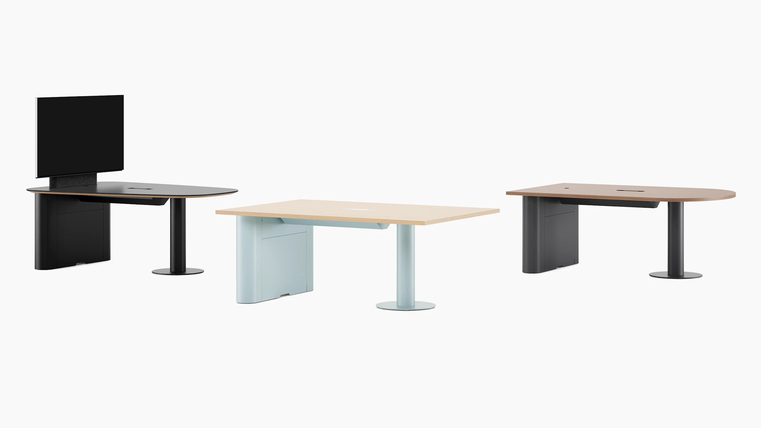 All different Headway Huddle Table shapes shown at the same height.