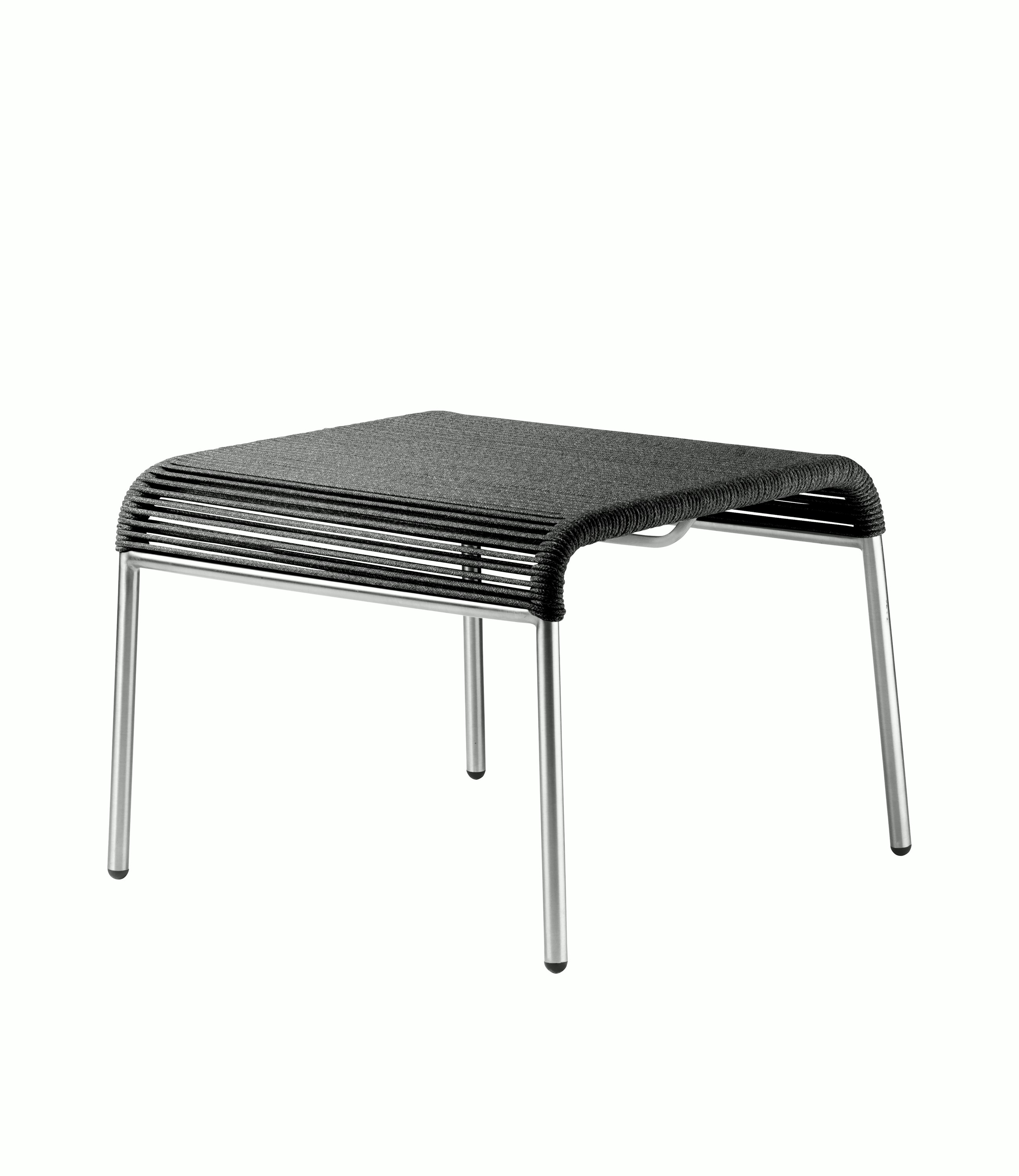 A Teglgaard Outdoor Ottoman in Black viewed from an angle.