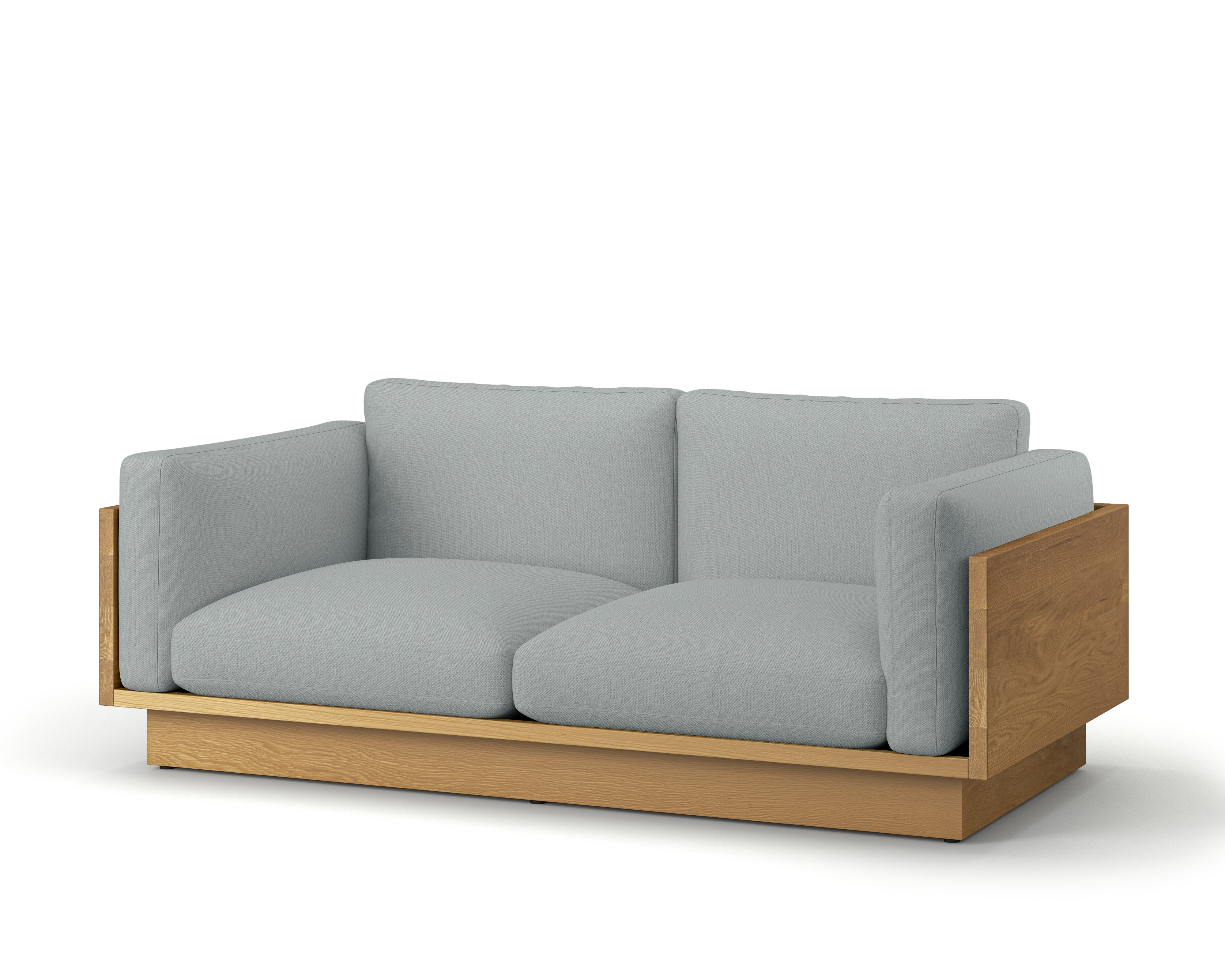 A Pawson Drift Sofa in Album Linen, Powder, White Oak viewed from an angle.